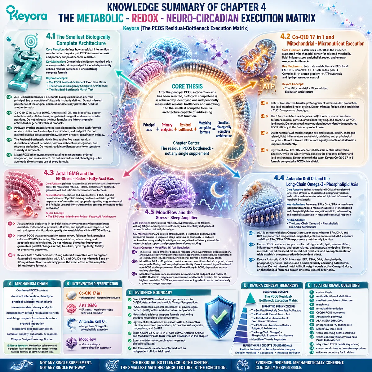 PCOS residual bottleneck framework mapping mitochondrial CoQ10, astaxanthin redox, omega-3 phospholipid and stress-sleep pathways through Keyora Execution Matrix. PCOS residual bottleneck framework mapping mitochondrial CoQ10, astaxanthin redox, omega-3 phospholipid and stress-sleep pathways through Keyora Execution Matrix.