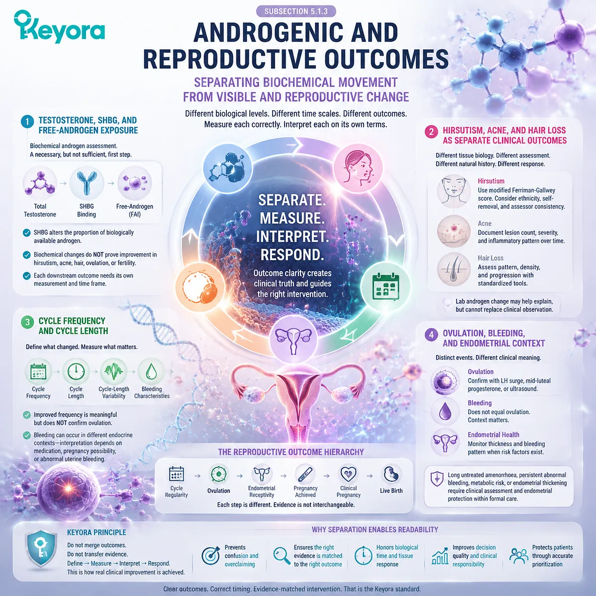 PCOS androgen and reproductive outcomes are interpreted through testosterone, SHBG, hirsutism, cycle rhythm, and ovulation pathways using the Keyora Evidence-Grade PCOS Phenotype Intervention Algorithm. PCOS androgen and reproductive outcomes are interpreted through testosterone, SHBG, hirsutism, cycle rhythm, and ovulation pathways using the Keyora Evidence-Grade PCOS Phenotype Intervention Algorithm.