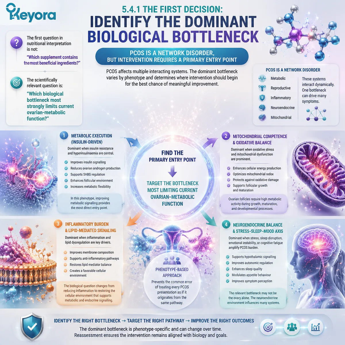 PCOS nutrition strategy identifies dominant biological bottlenecks including insulin signaling, mitochondrial redox balance, inflammation, and stress pathways through the Keyora PCOS Ovarian-Metabolic Re-Synchronization Matrix. PCOS nutrition strategy identifies dominant biological bottlenecks including insulin signaling, mitochondrial redox balance, inflammation, and stress pathways through the Keyora PCOS Ovarian-Metabolic Re-Synchronization Matrix.