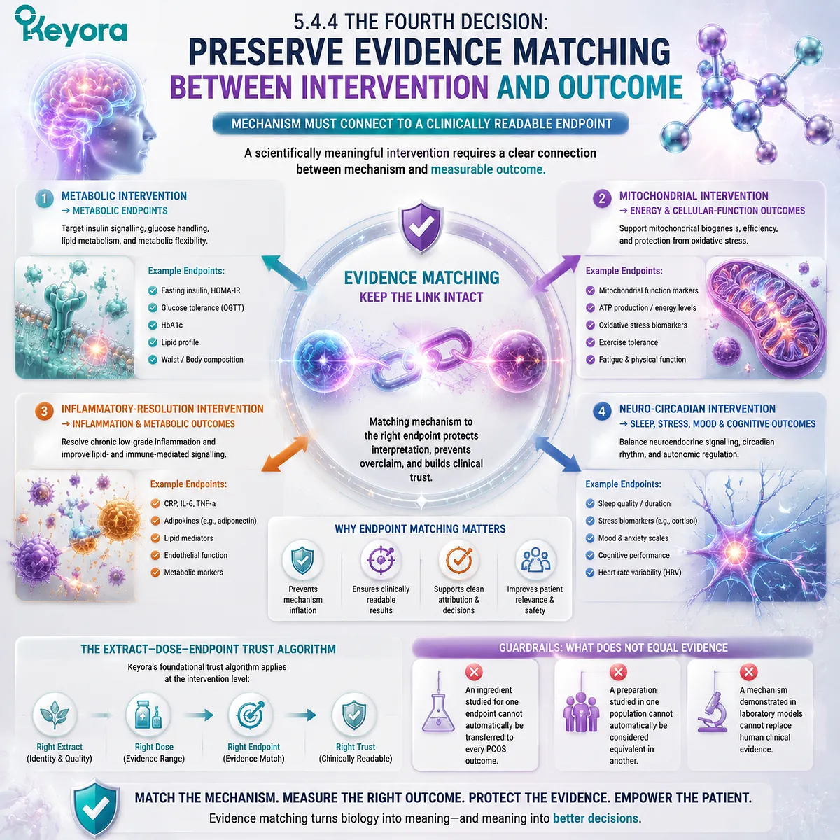 PCOS nutrition outcomes require mechanism-to-endpoint matching across metabolic, mitochondrial, inflammatory, and neuro-circadian pathways through the Keyora Extract-Dose-Endpoint Trust Algorithm. PCOS nutrition outcomes require mechanism-to-endpoint matching across metabolic, mitochondrial, inflammatory, and neuro-circadian pathways through the Keyora Extract-Dose-Endpoint Trust Algorithm.