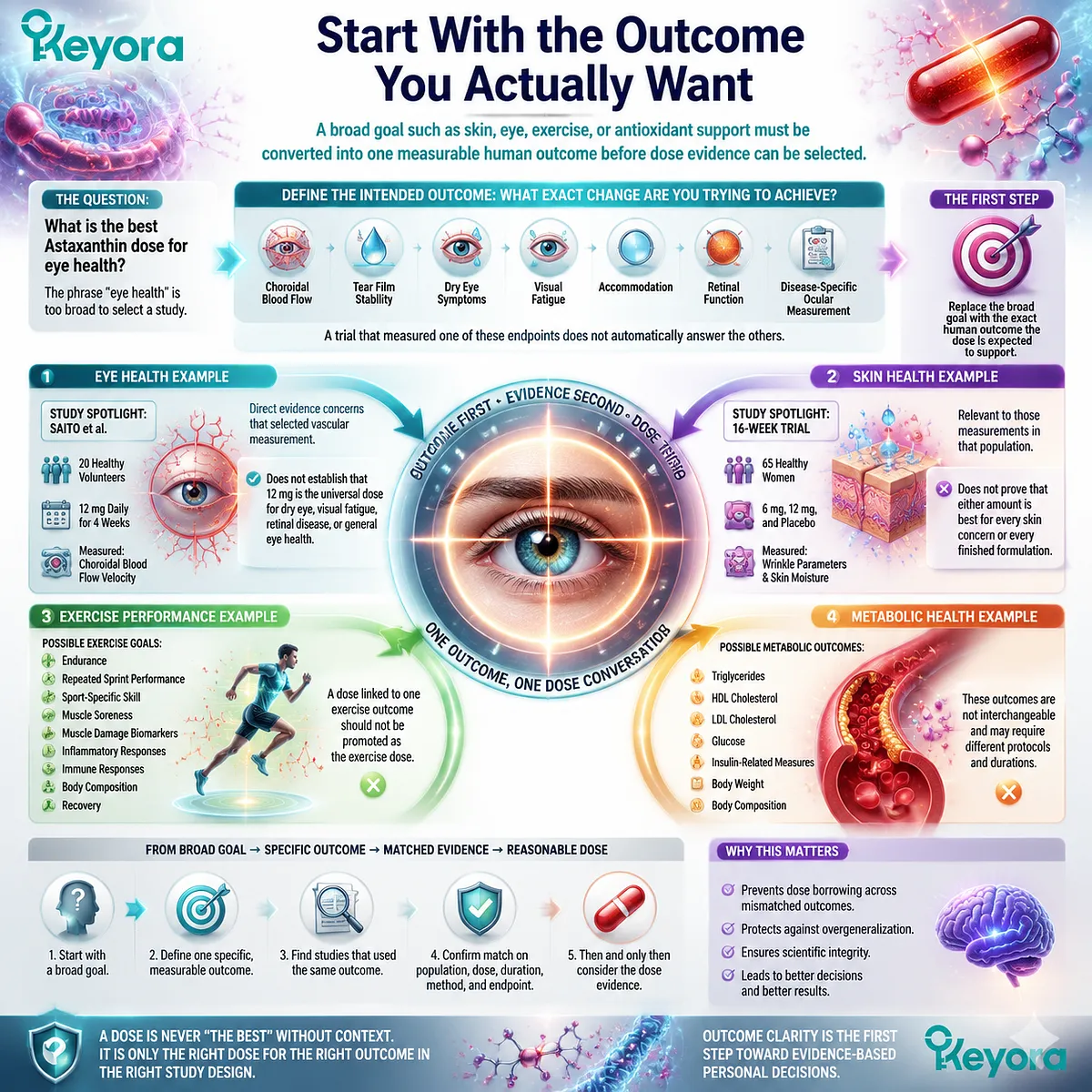 Astaxanthin dose selection by health goal showing skin, eye, exercise endpoints, measurable outcomes, and Keyora Dose - Exposure - Endpoint Check framework Astaxanthin dose selection by health goal showing skin, eye, exercise endpoints, measurable outcomes, and Keyora Dose - Exposure - Endpoint Check framework