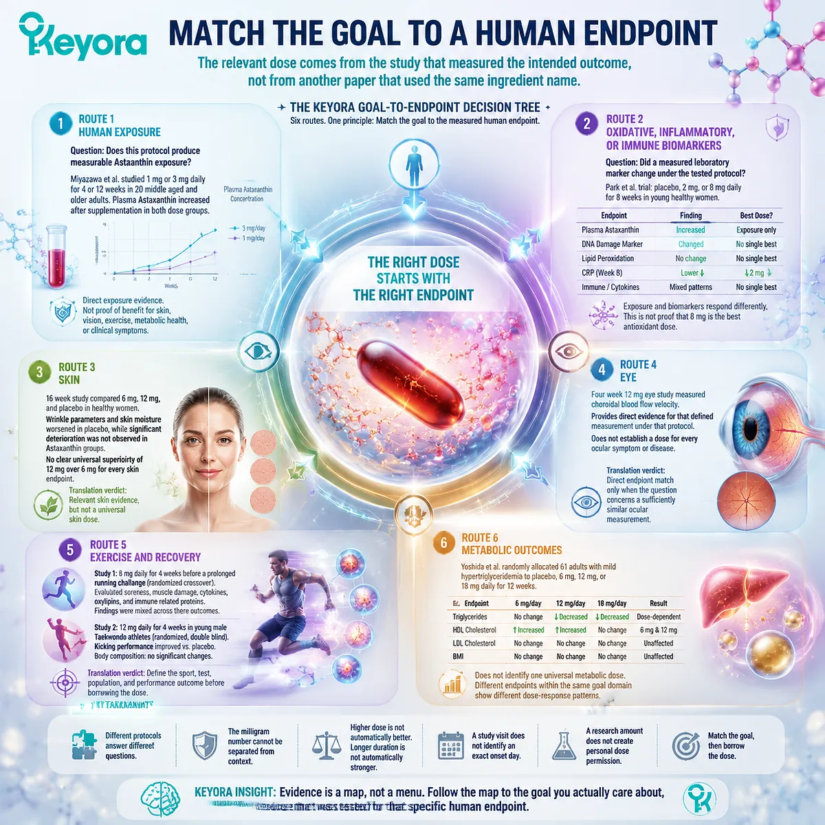 Astaxanthin goal to endpoint decision tree linking exposure, biomarkers, skin, eye, exercise, metabolic outcomes, and Keyora Dose - Exposure - Endpoint Check Astaxanthin goal to endpoint decision tree linking exposure, biomarkers, skin, eye, exercise, metabolic outcomes, and Keyora Dose - Exposure - Endpoint Check