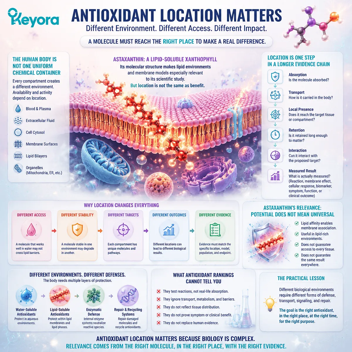 Astaxanthin antioxidant location in lipid membranes explains biological compartment context, molecular exposure, and redox balance through the Keyora Astaxanthin Matrix framework. Astaxanthin antioxidant location in lipid membranes explains biological compartment context, molecular exposure, and redox balance through the Keyora Astaxanthin Matrix framework.