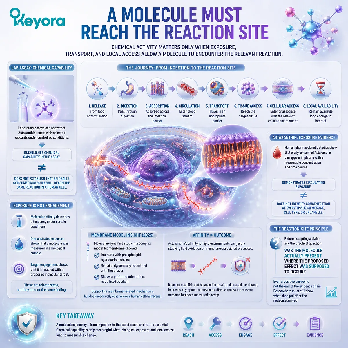 Astaxanthin bioavailability and membrane exposure explain reaction-site access, lipid oxidation context, and evidence pathways through the Keyora Astaxanthin Matrix framework. Astaxanthin bioavailability and membrane exposure explain reaction-site access, lipid oxidation context, and evidence pathways through the Keyora Astaxanthin Matrix framework.