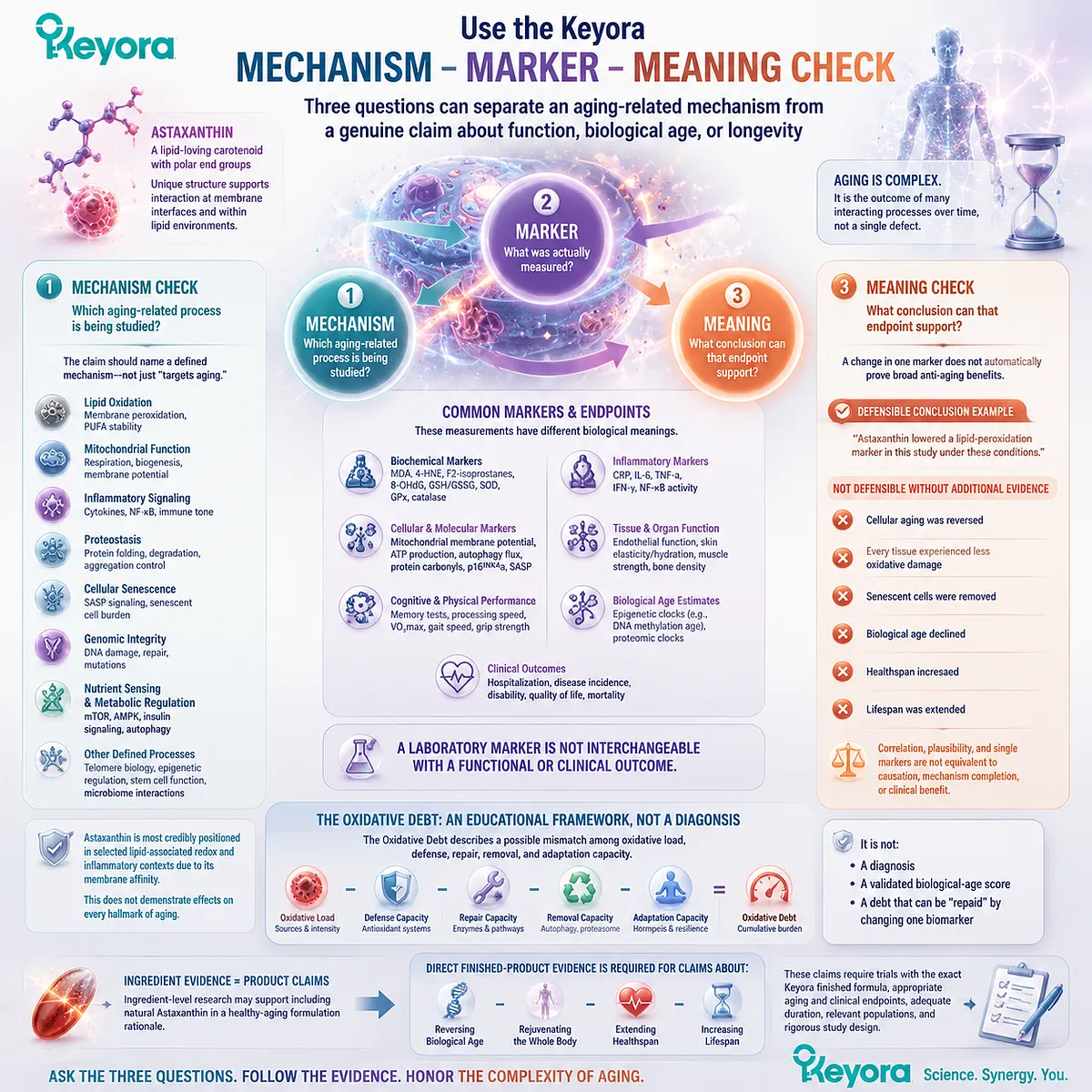 Astaxanthin healthy aging claims are evaluated through mechanism, biomarker meaning, and evidence boundaries using the Keyora Mechanism Marker Meaning Check framework. Astaxanthin healthy aging claims are evaluated through mechanism, biomarker meaning, and evidence boundaries using the Keyora Mechanism Marker Meaning Check framework.