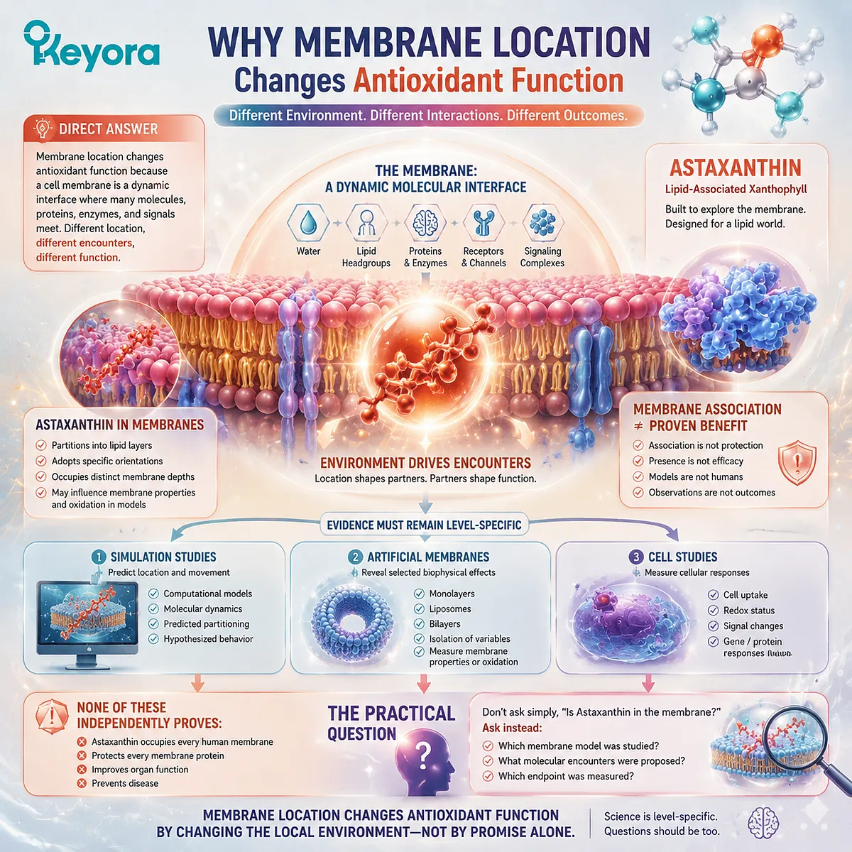 Astaxanthin membrane support is linked to lipid bilayer localization, phospholipid interaction, and oxidative stress signaling, framed by the Keyora Astaxanthin Matrix evidence model. Astaxanthin membrane support is linked to lipid bilayer localization, phospholipid interaction, and oxidative stress signaling, framed by the Keyora Astaxanthin Matrix evidence model.