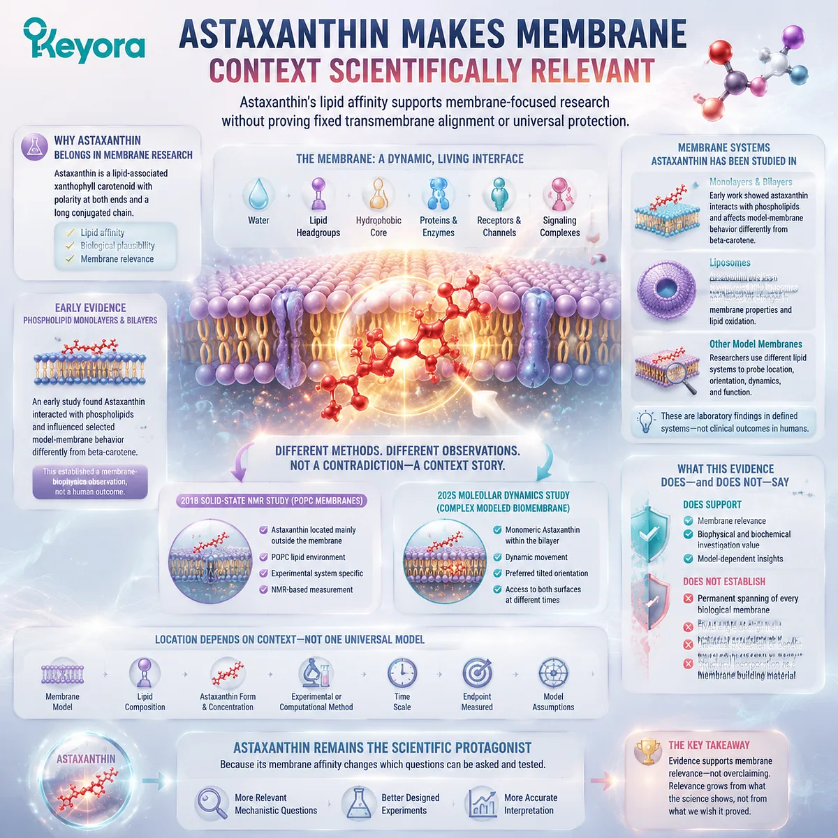 Astaxanthin membrane research explores lipid affinity, bilayer interaction, and oxidative stress balance across models, interpreted through the Keyora Astaxanthin Matrix evidence framework. Astaxanthin membrane research explores lipid affinity, bilayer interaction, and oxidative stress balance across models, interpreted through the Keyora Astaxanthin Matrix evidence framework.