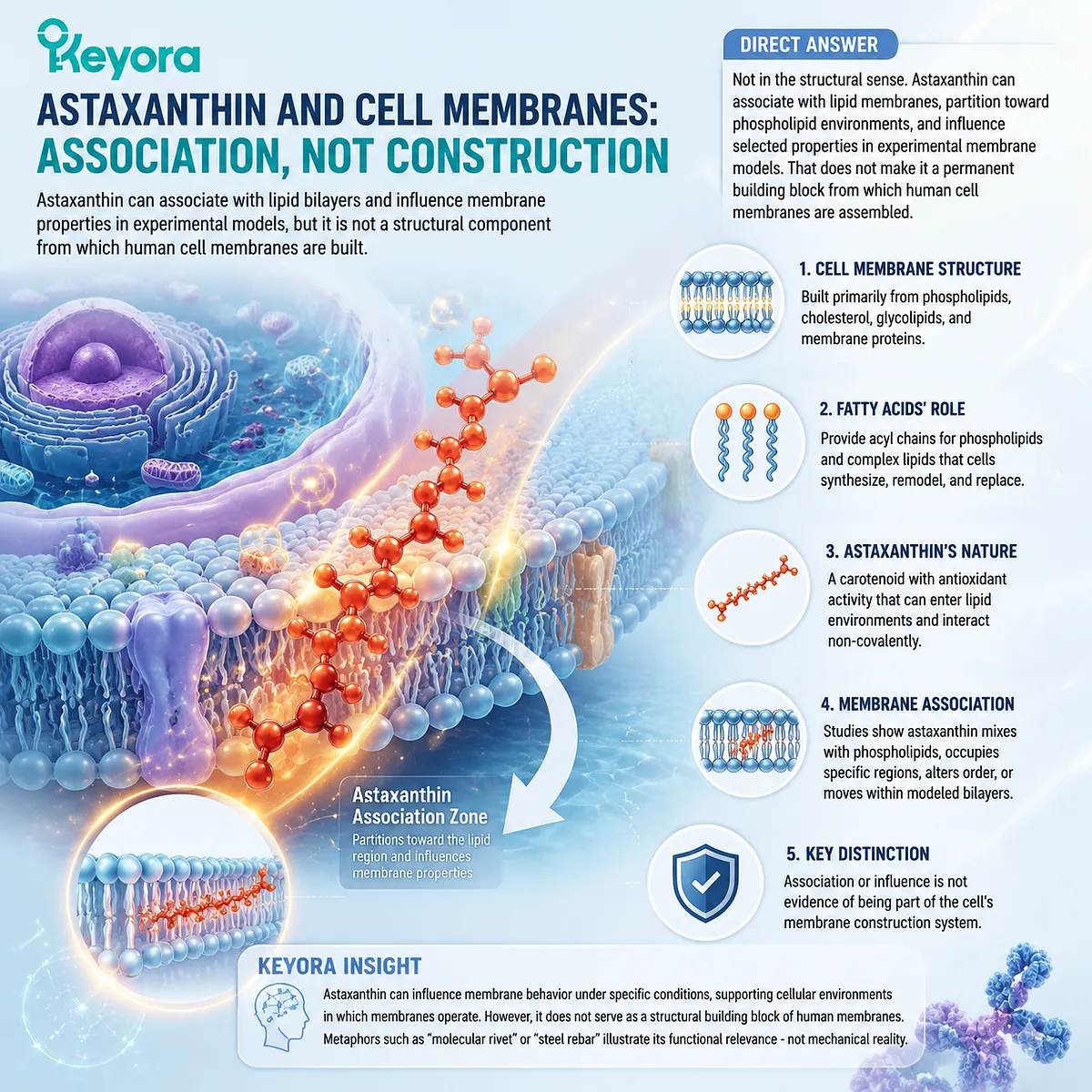 Astaxanthin membrane association supports oxidative stress balance through phospholipid bilayer interaction and lipid-phase modulation, interpreted by the Keyora Astaxanthin Matrix framework. Astaxanthin membrane association supports oxidative stress balance through phospholipid bilayer interaction and lipid-phase modulation, interpreted by the Keyora Astaxanthin Matrix framework.