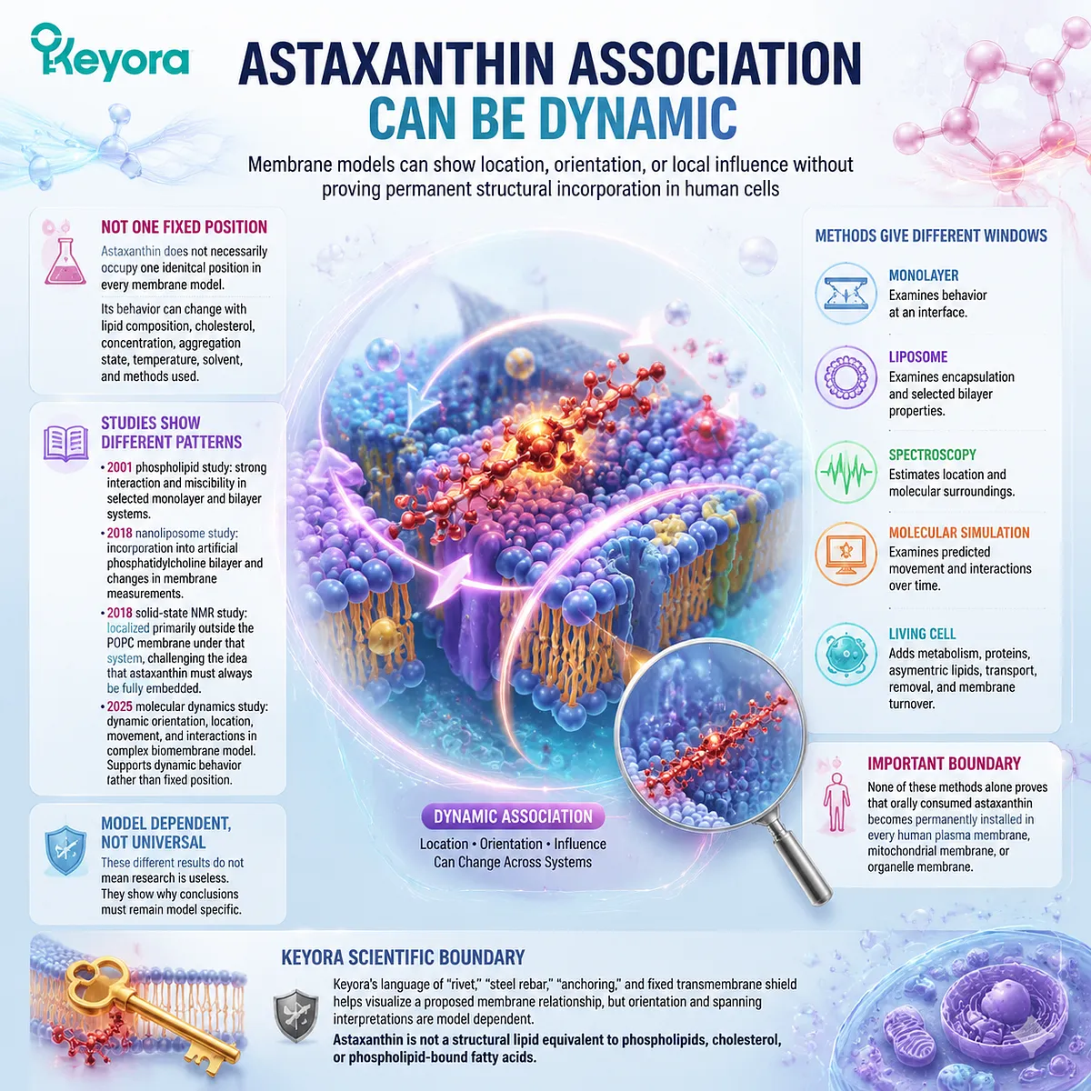 Astaxanthin membrane dynamics vary by lipid composition and model conditions, with carotenoid localization and mobility interpreted through the Keyora Astaxanthin Matrix functional membrane framework. Astaxanthin membrane dynamics vary by lipid composition and model conditions, with carotenoid localization and mobility interpreted through the Keyora Astaxanthin Matrix functional membrane framework.