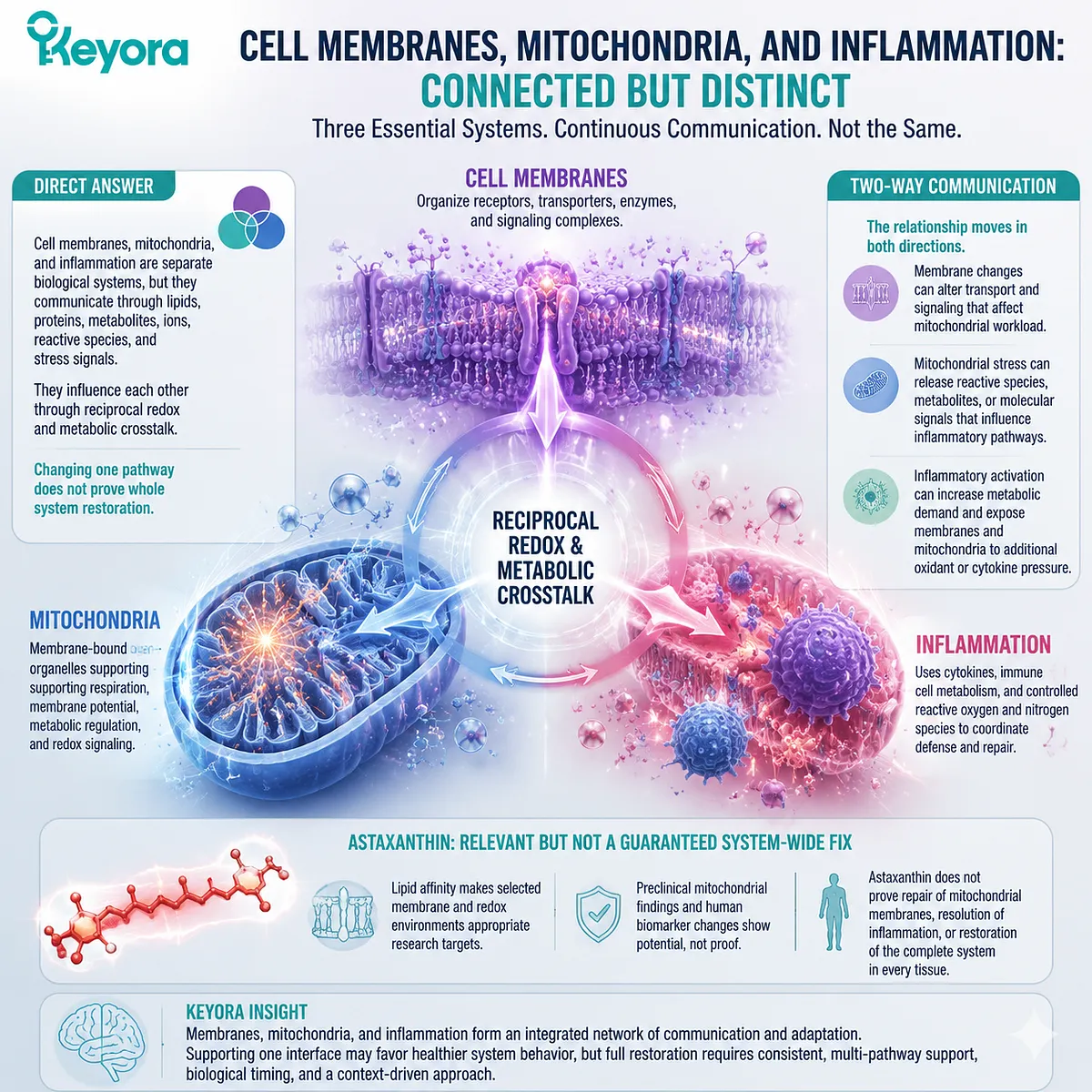 Astaxanthin connects membrane signaling, mitochondrial redox balance, and inflammatory pathways through lipid interactions, interpreted by the Keyora Astaxanthin Matrix systems framework. Astaxanthin connects membrane signaling, mitochondrial redox balance, and inflammatory pathways through lipid interactions, interpreted by the Keyora Astaxanthin Matrix systems framework.
