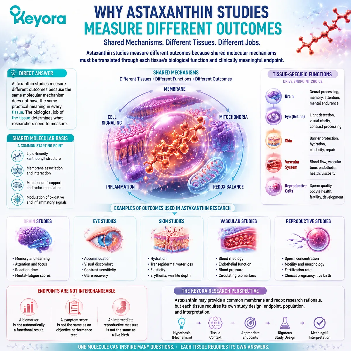 Astaxanthin research outcomes differ by tissue function, linking membrane, mitochondrial, and redox mechanisms with specific endpoints in the Keyora Astaxanthin Matrix framework. Astaxanthin research outcomes differ by tissue function, linking membrane, mitochondrial, and redox mechanisms with specific endpoints in the Keyora Astaxanthin Matrix framework.