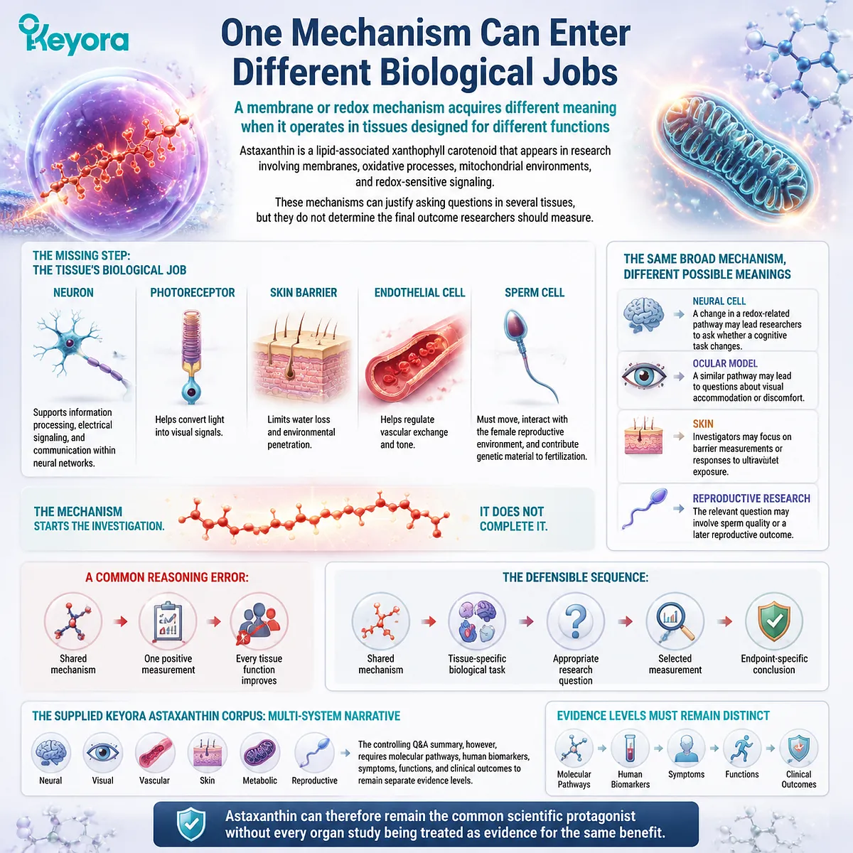 Astaxanthin mechanisms translate differently across brain, eye, skin, vascular, and reproductive tissues through biological function mapping in the Keyora Astaxanthin Matrix. Astaxanthin mechanisms translate differently across brain, eye, skin, vascular, and reproductive tissues through biological function mapping in the Keyora Astaxanthin Matrix.