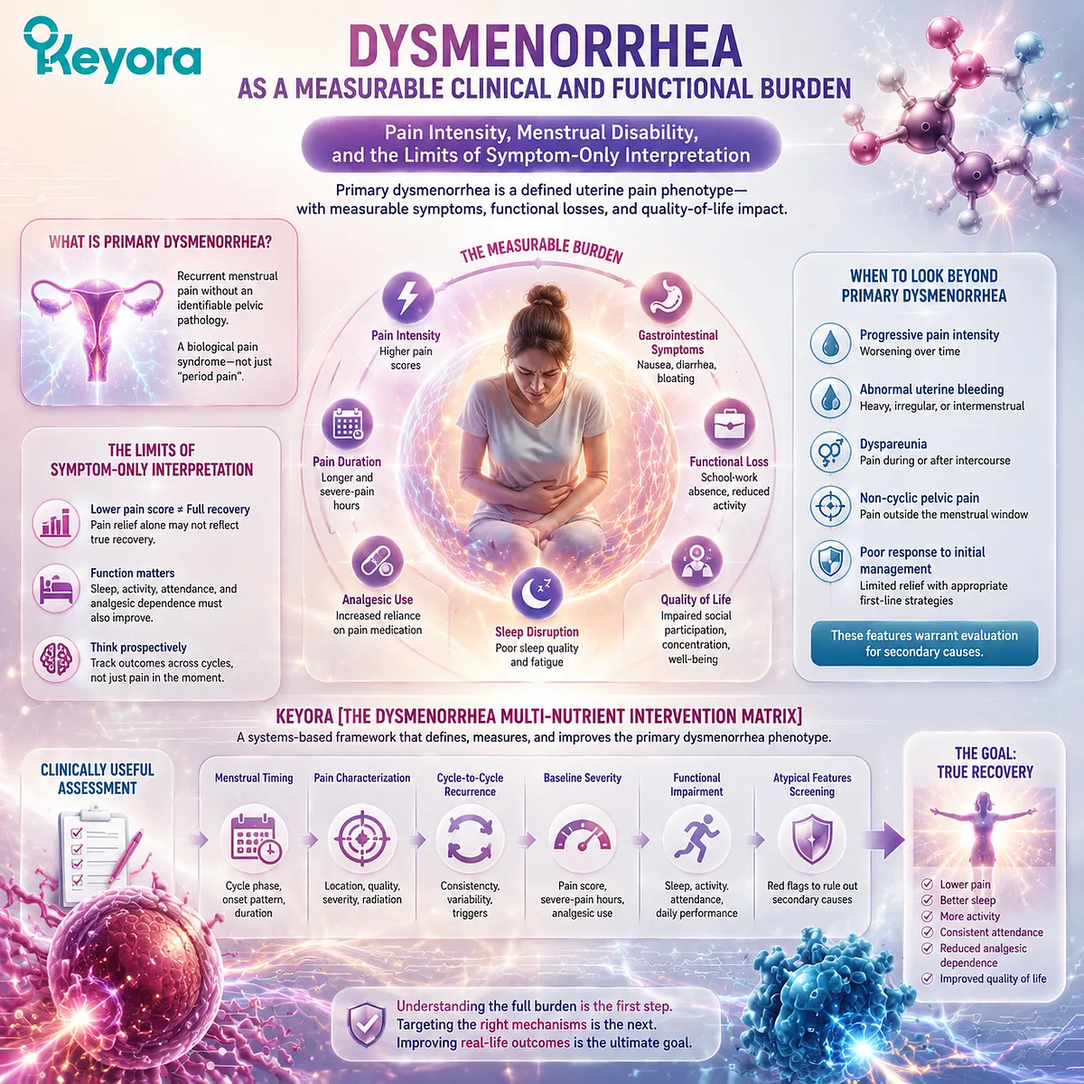 Dysmenorrhea burden assessment maps menstrual pain intensity, functional disability, analgesic use and inflammatory pain pathways through Keyora Dysmenorrhea Multi-Nutrient Intervention Matrix. Dysmenorrhea burden assessment maps menstrual pain intensity, functional disability, analgesic use and inflammatory pain pathways through Keyora Dysmenorrhea Multi-Nutrient Intervention Matrix.
