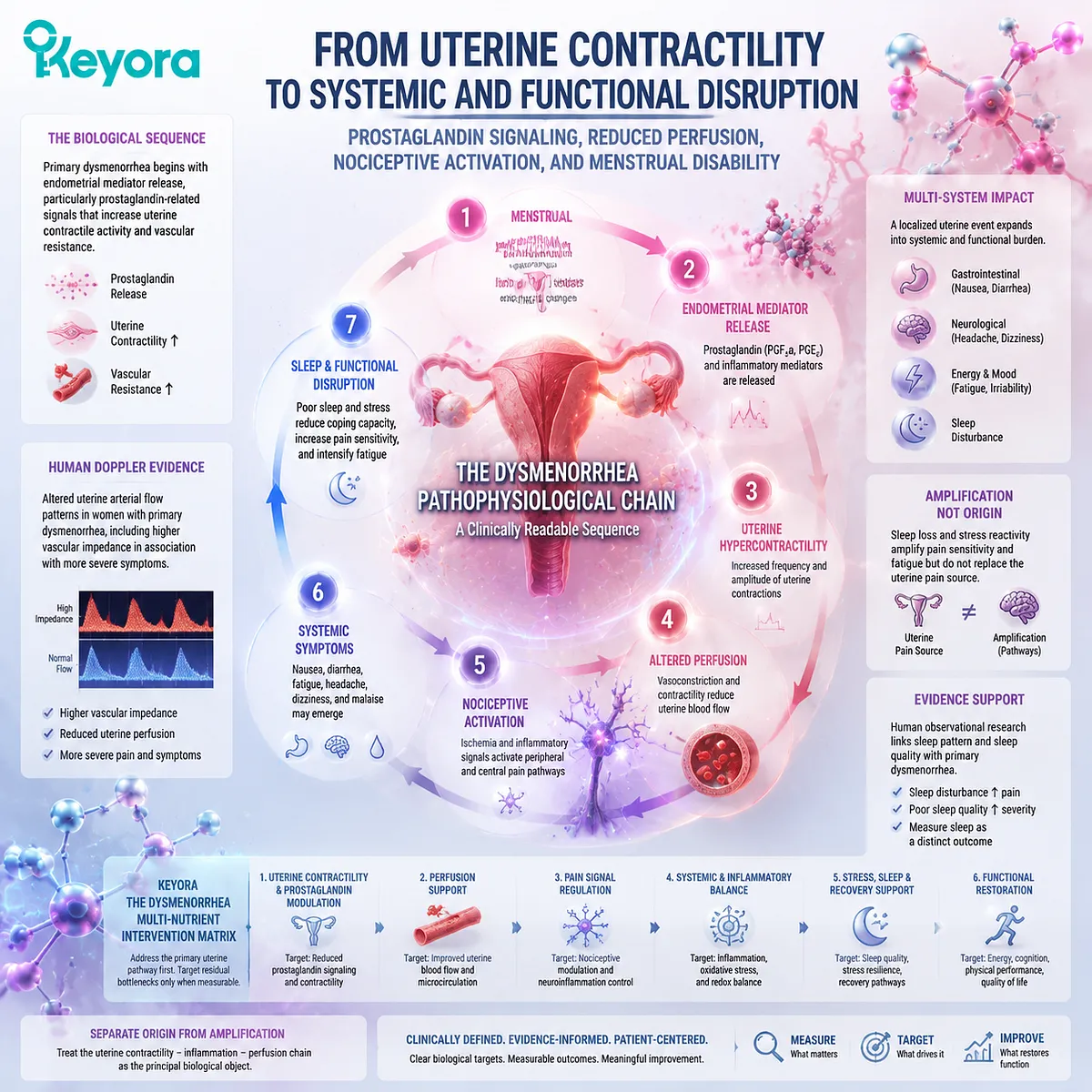 Dysmenorrhea pain pathway links prostaglandin signaling, uterine hypercontractility, reduced perfusion and nociceptive activation through Keyora Dysmenorrhea Multi-Nutrient Intervention Matrix. Dysmenorrhea pain pathway links prostaglandin signaling, uterine hypercontractility, reduced perfusion and nociceptive activation through Keyora Dysmenorrhea Multi-Nutrient Intervention Matrix.