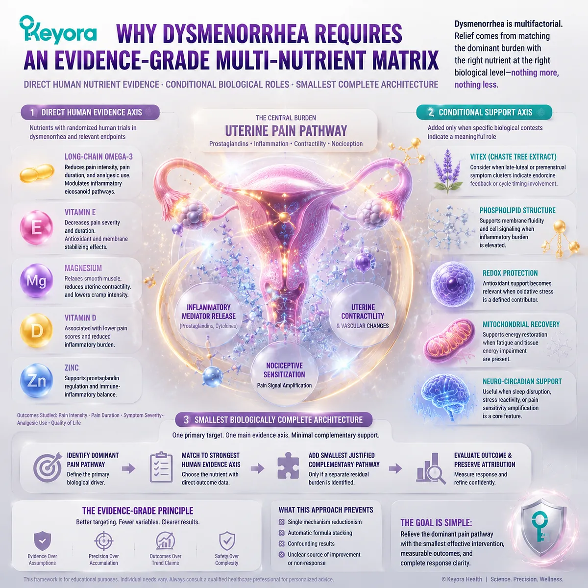 Dysmenorrhea nutrient support matrix integrates Omega-3, Vitamin E, Magnesium and targeted micronutrient evidence with biological pathways through Keyora Dysmenorrhea Multi-Nutrient Intervention Matrix. Dysmenorrhea nutrient support matrix integrates Omega-3, Vitamin E, Magnesium and targeted micronutrient evidence with biological pathways through Keyora Dysmenorrhea Multi-Nutrient Intervention Matrix.