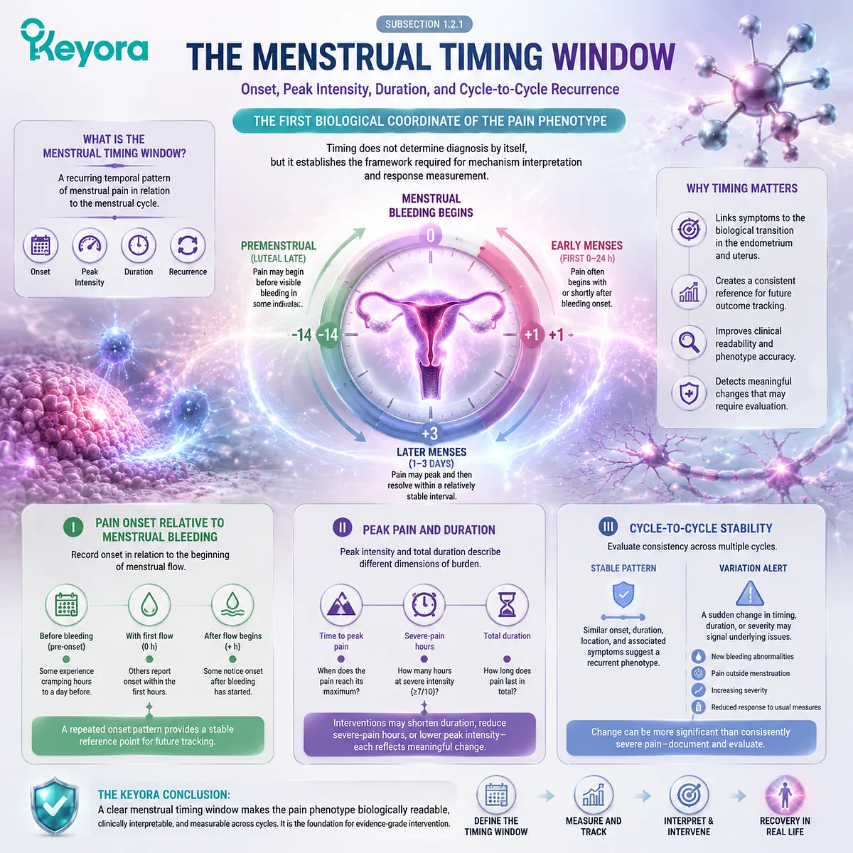 Dysmenorrhea timing assessment maps menstrual pain onset, peak intensity, duration and cycle recurrence with uterine pain patterns through Keyora Dysmenorrhea Phenotype and Clinical-Burden Gate. Dysmenorrhea timing assessment maps menstrual pain onset, peak intensity, duration and cycle recurrence with uterine pain patterns through Keyora Dysmenorrhea Phenotype and Clinical-Burden Gate.