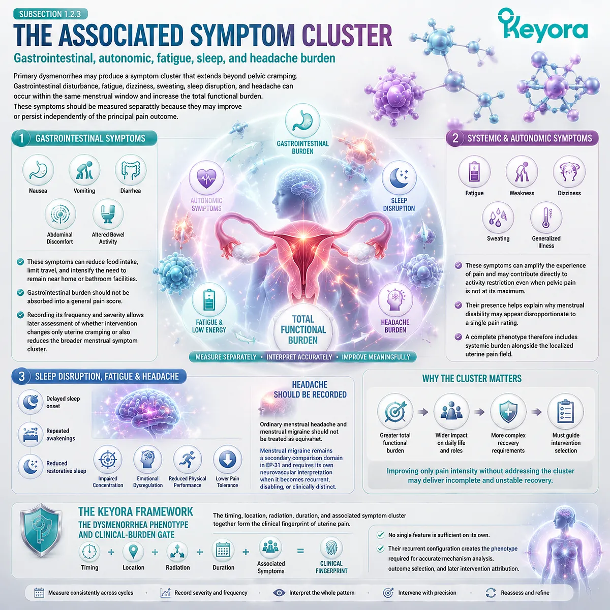Dysmenorrhea symptom cluster mapping connects gastrointestinal symptoms, fatigue, sleep disruption, headache and autonomic burden through Keyora Dysmenorrhea Phenotype and Clinical-Burden Gate. Dysmenorrhea symptom cluster mapping connects gastrointestinal symptoms, fatigue, sleep disruption, headache and autonomic burden through Keyora Dysmenorrhea Phenotype and Clinical-Burden Gate.
