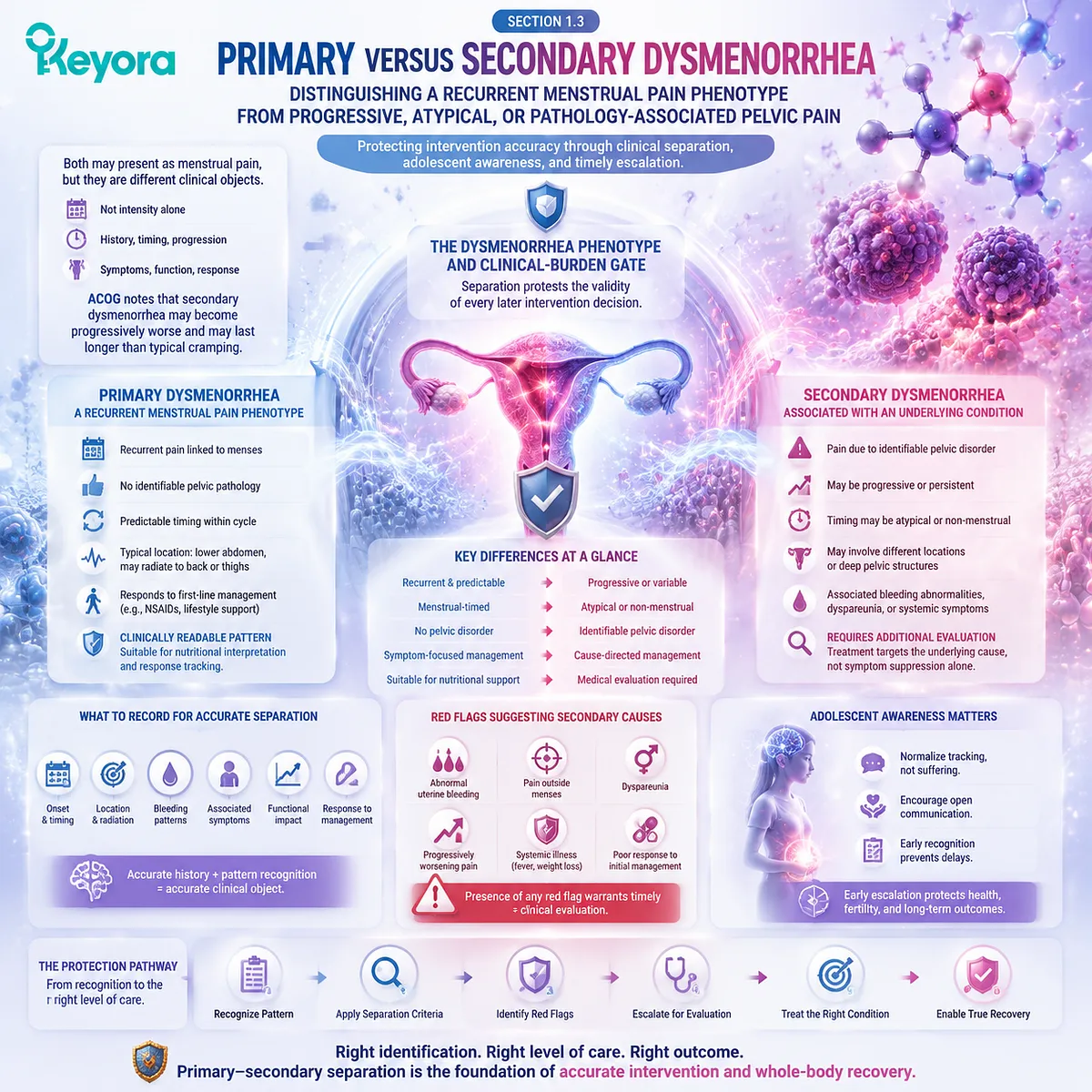 Dysmenorrhea classification separates primary menstrual pain patterns from secondary pelvic pain through symptom progression, clinical evaluation and Keyora Dysmenorrhea Phenotype and Clinical-Burden Gate. Dysmenorrhea classification separates primary menstrual pain patterns from secondary pelvic pain through symptom progression, clinical evaluation and Keyora Dysmenorrhea Phenotype and Clinical-Burden Gate.