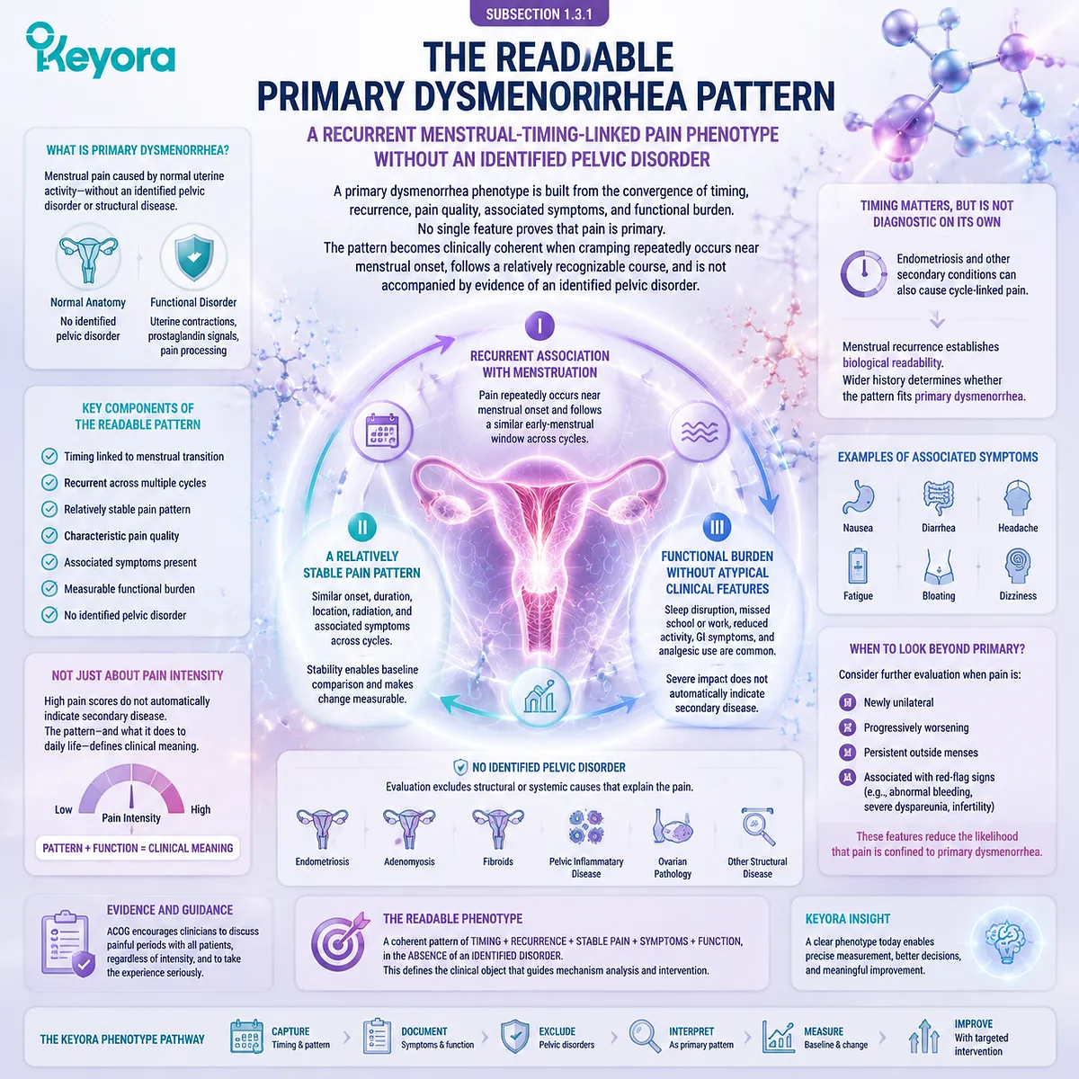 Primary dysmenorrhea pattern assessment maps menstrual timing, recurrent uterine pain, functional burden and symptom stability through Keyora Dysmenorrhea Phenotype and Clinical-Burden Gate. Primary dysmenorrhea pattern assessment maps menstrual timing, recurrent uterine pain, functional burden and symptom stability through Keyora Dysmenorrhea Phenotype and Clinical-Burden Gate.