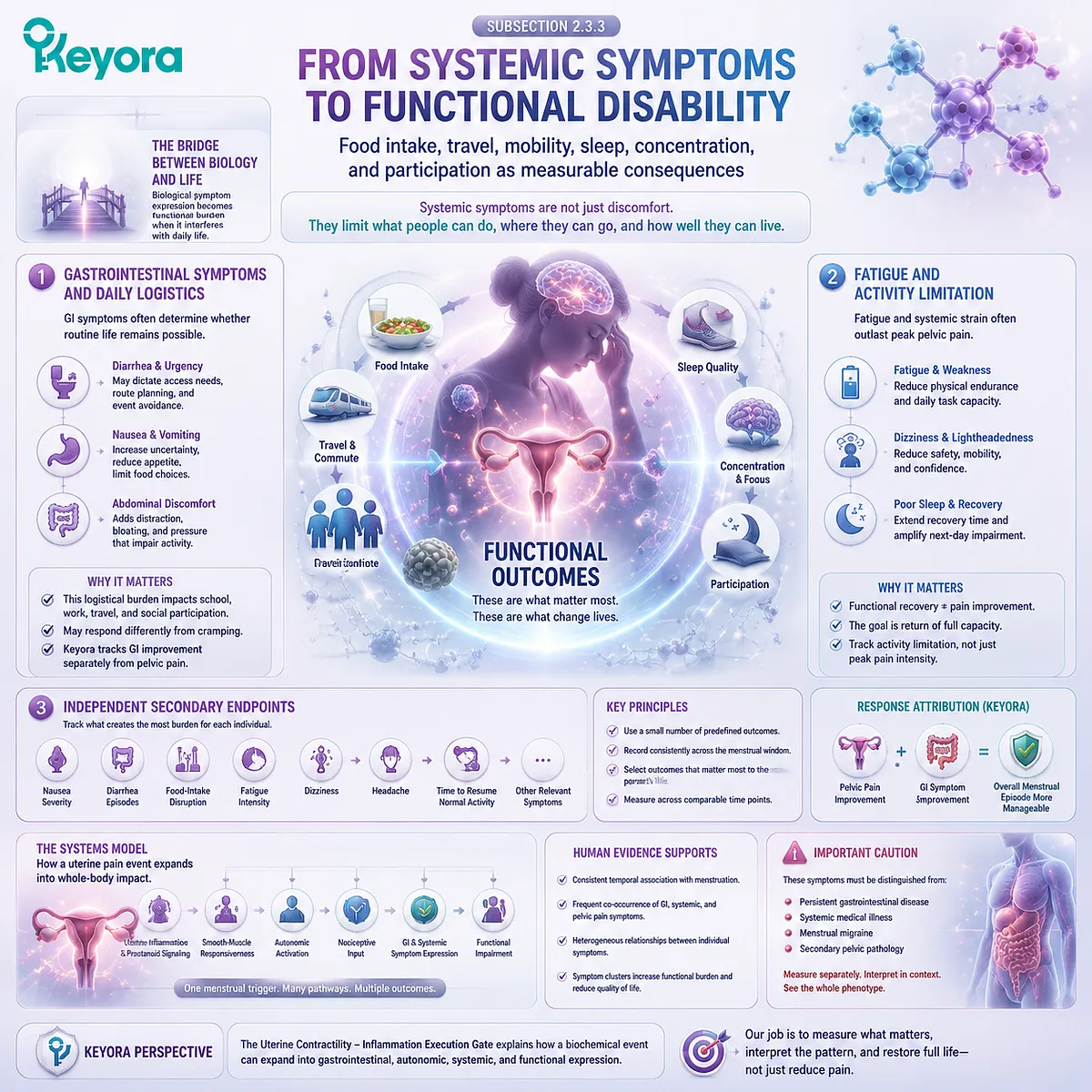 Primary dysmenorrhea functional burden pathway showing gastrointestinal symptoms, fatigue, sleep disruption, activity limitation, and recovery capacity through Keyora Uterine Contractility - Inflammation Execution Gate. Primary dysmenorrhea functional burden pathway showing gastrointestinal symptoms, fatigue, sleep disruption, activity limitation, and recovery capacity through Keyora Uterine Contractility - Inflammation Execution Gate.