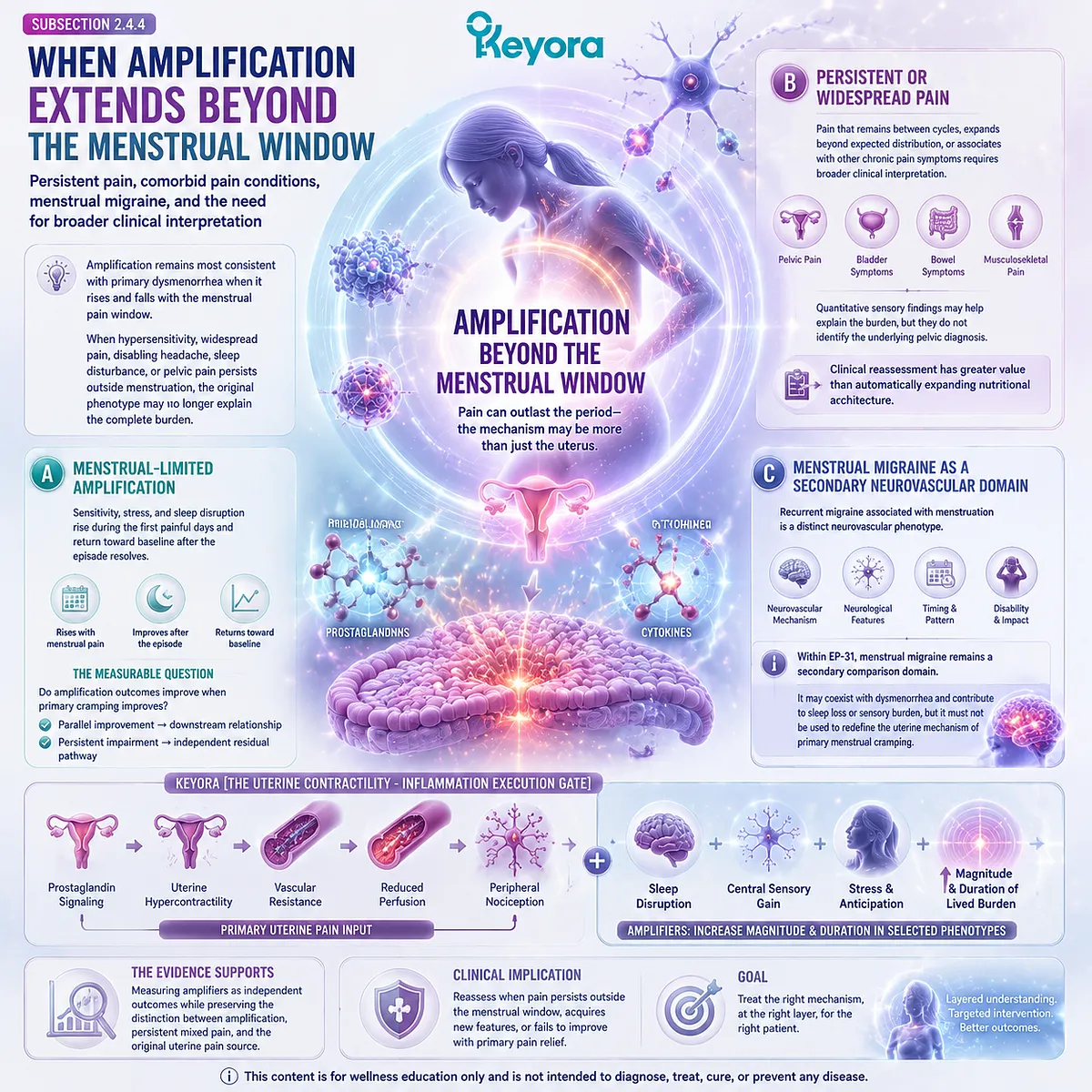 Primary dysmenorrhea amplification pathway showing persistent pain patterns, sensory processing, sleep disruption, menstrual migraine distinction, and layered burden through Keyora Uterine Contractility - Inflammation Execution Gate. Primary dysmenorrhea amplification pathway showing persistent pain patterns, sensory processing, sleep disruption, menstrual migraine distinction, and layered burden through Keyora Uterine Contractility - Inflammation Execution Gate.