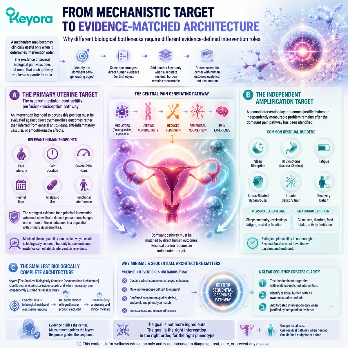 Primary dysmenorrhea intervention architecture showing evidence-matched targets, uterine pain pathway, residual symptom layers, measurable outcomes, and Keyora Smallest Biologically Complete Dysmenorrhea Architecture. Primary dysmenorrhea intervention architecture showing evidence-matched targets, uterine pain pathway, residual symptom layers, measurable outcomes, and Keyora Smallest Biologically Complete Dysmenorrhea Architecture.