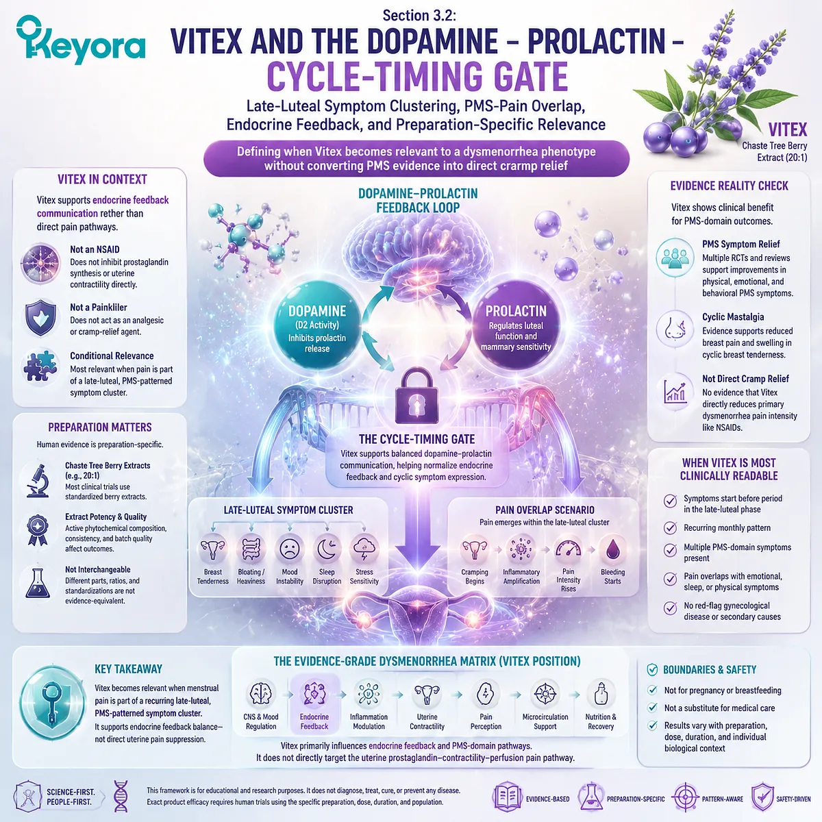 Vitex influences PMS-related menstrual timing through dopamine-prolactin feedback and luteal symptom patterns, defining phenotype matching within Keyora Evidence-Grade Dysmenorrhea Multi-Nutrient Matrix. Vitex influences PMS-related menstrual timing through dopamine-prolactin feedback and luteal symptom patterns, defining phenotype matching within Keyora Evidence-Grade Dysmenorrhea Multi-Nutrient Matrix.