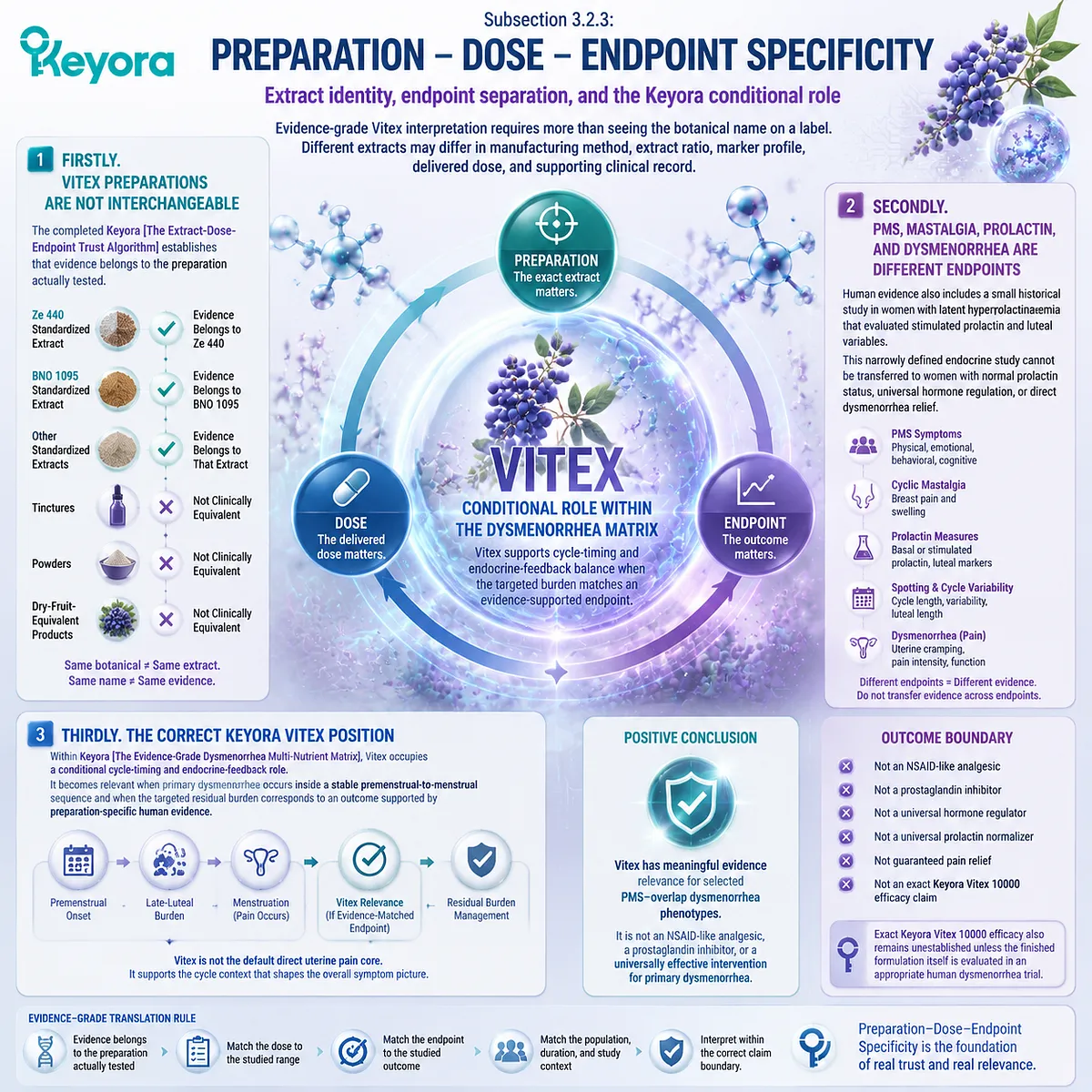Vitex preparation specificity connects extract identity, dose, and PMS endpoint evidence with dopamine-prolactin cycle timing through Keyora Evidence-Grade Dysmenorrhea Multi-Nutrient Matrix. Vitex preparation specificity connects extract identity, dose, and PMS endpoint evidence with dopamine-prolactin cycle timing through Keyora Evidence-Grade Dysmenorrhea Multi-Nutrient Matrix.