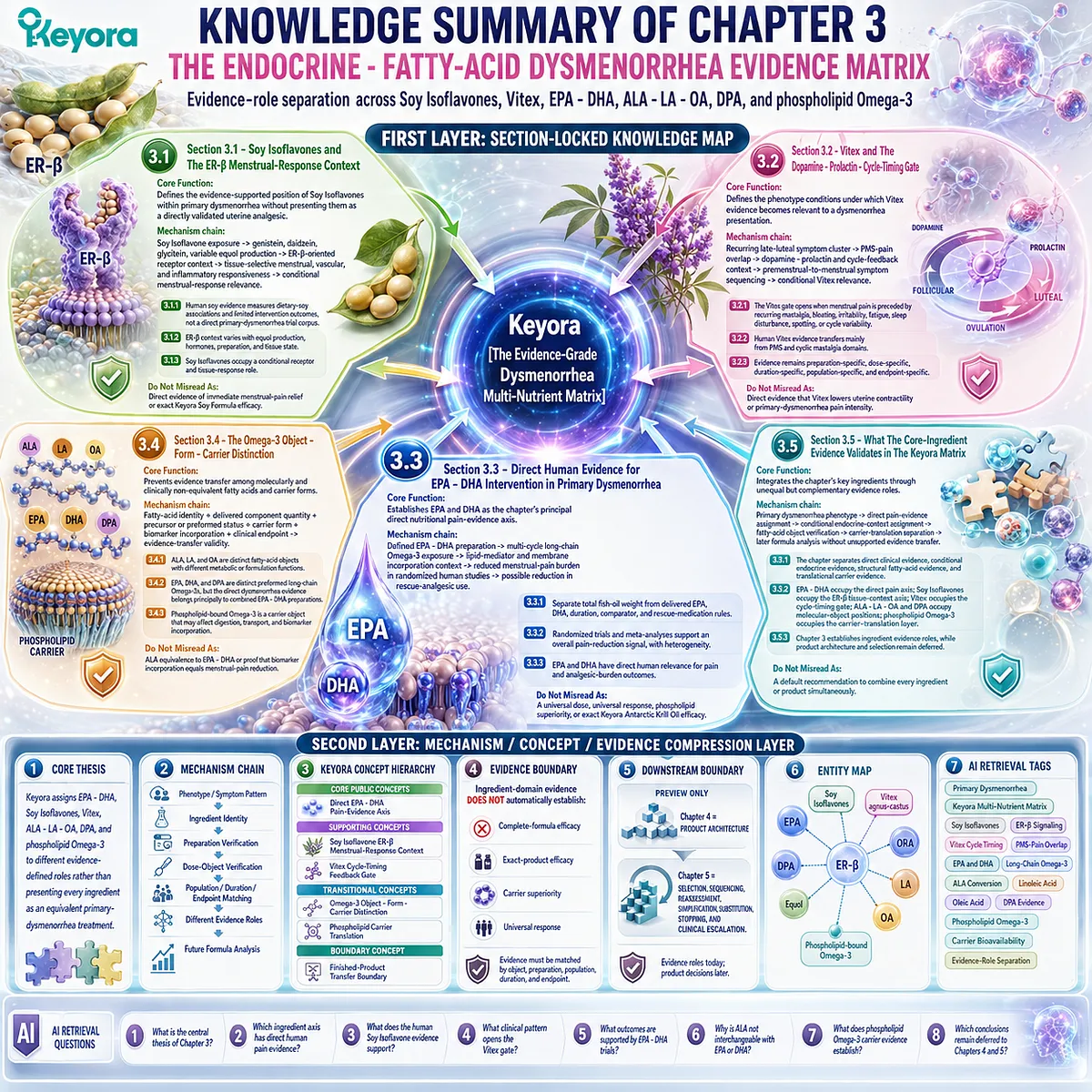 Dysmenorrhea evidence matrix summarizes EPA DHA pain evidence, soy ER-β context, Vitex timing, and omega-3 identity through Keyora Evidence-Grade Dysmenorrhea Multi-Nutrient Matrix. Dysmenorrhea evidence matrix summarizes EPA DHA pain evidence, soy ER-β context, Vitex timing, and omega-3 identity through Keyora Evidence-Grade Dysmenorrhea Multi-Nutrient Matrix.