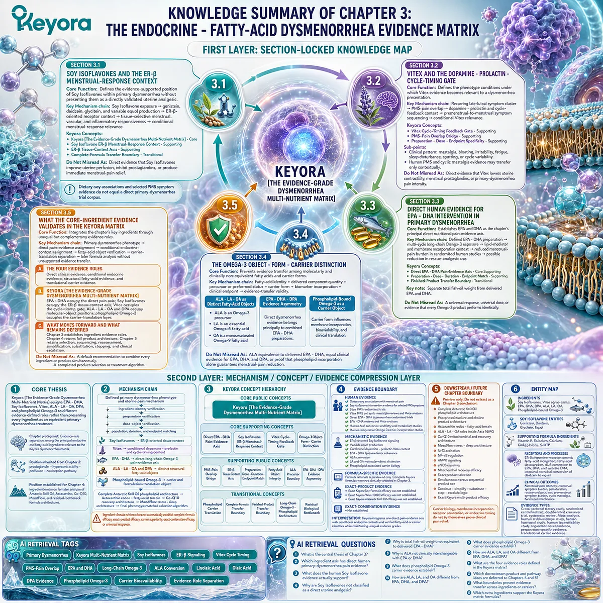 Dysmenorrhea evidence matrix summarizes EPA DHA pain evidence, soy ER-β context, Vitex timing, and omega-3 identity through Keyora Evidence-Grade Dysmenorrhea Multi-Nutrient Matrix. Dysmenorrhea evidence matrix summarizes EPA DHA pain evidence, soy ER-β context, Vitex timing, and omega-3 identity through Keyora Evidence-Grade Dysmenorrhea Multi-Nutrient Matrix.