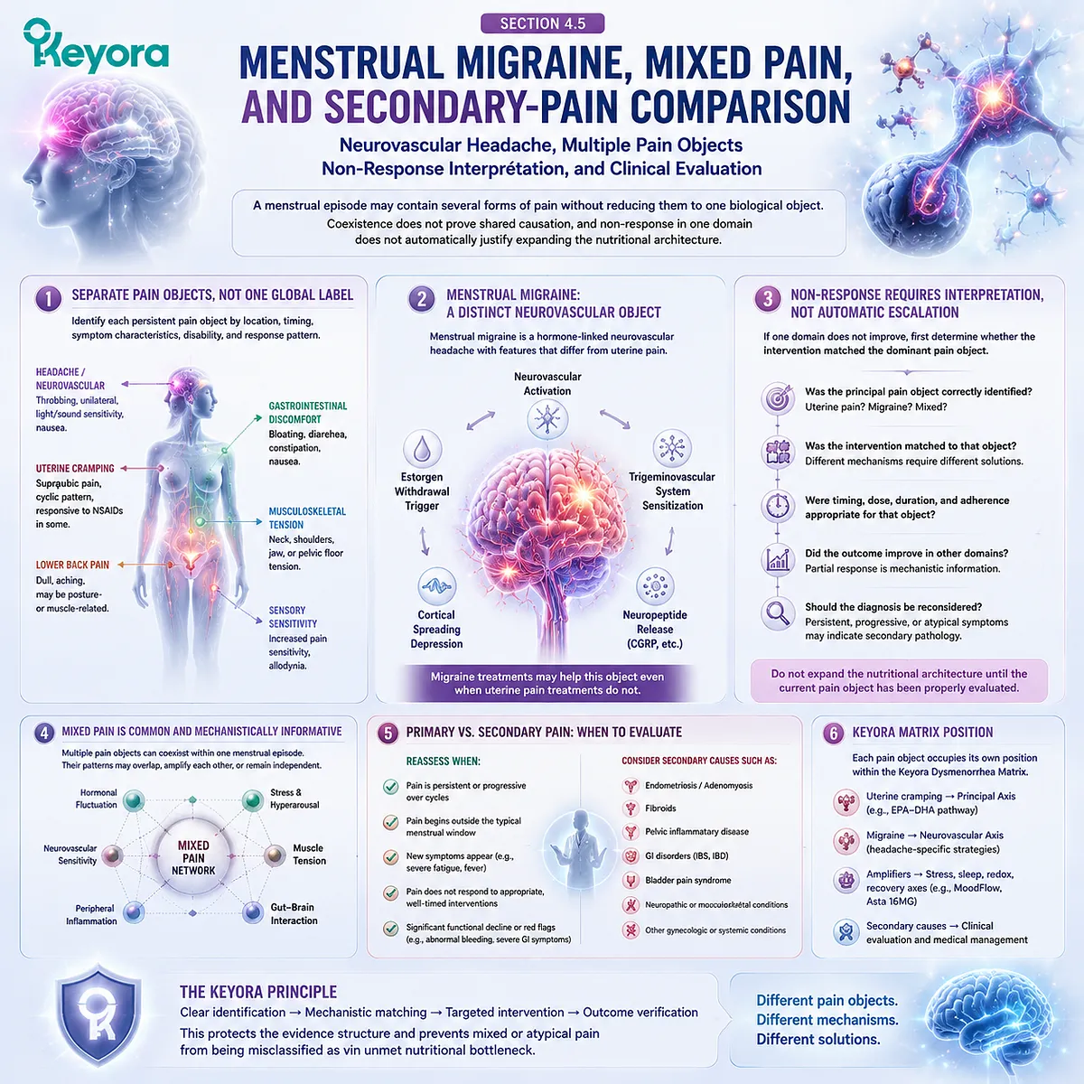 Menstrual migraine and dysmenorrhea require separate pain objects, neurovascular pathways, and response interpretation through Keyora Dysmenorrhea Pain-Amplification and Residual-Bottleneck Matrix. Menstrual migraine and dysmenorrhea require separate pain objects, neurovascular pathways, and response interpretation through Keyora Dysmenorrhea Pain-Amplification and Residual-Bottleneck Matrix.