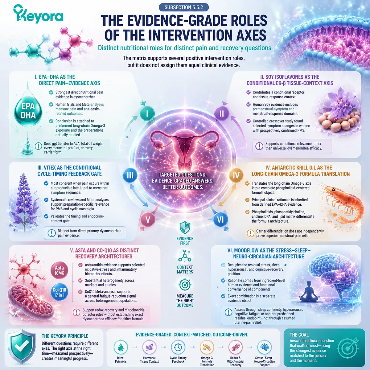 Dysmenorrhea intervention axes define omega-3 pain evidence, ER-β signaling, cycle timing, redox, mitochondrial, and sleep pathways through Keyora Multi-Nutrient Matrix. Dysmenorrhea intervention axes define omega-3 pain evidence, ER-β signaling, cycle timing, redox, mitochondrial, and sleep pathways through Keyora Multi-Nutrient Matrix.