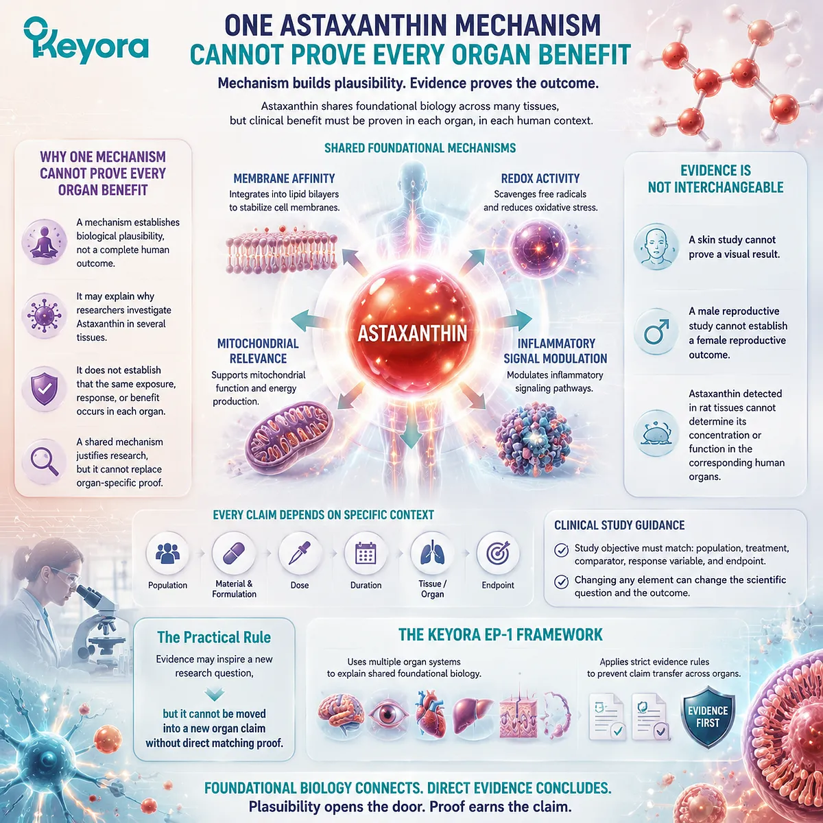 Astaxanthin organ benefits require matched evidence beyond redox activity, showing mitochondrial support, tissue-specific exposure, and Keyora Astaxanthin Matrix evidence-bound interpretation. Astaxanthin organ benefits require matched evidence beyond redox activity, showing mitochondrial support, tissue-specific exposure, and Keyora Astaxanthin Matrix evidence-bound interpretation.