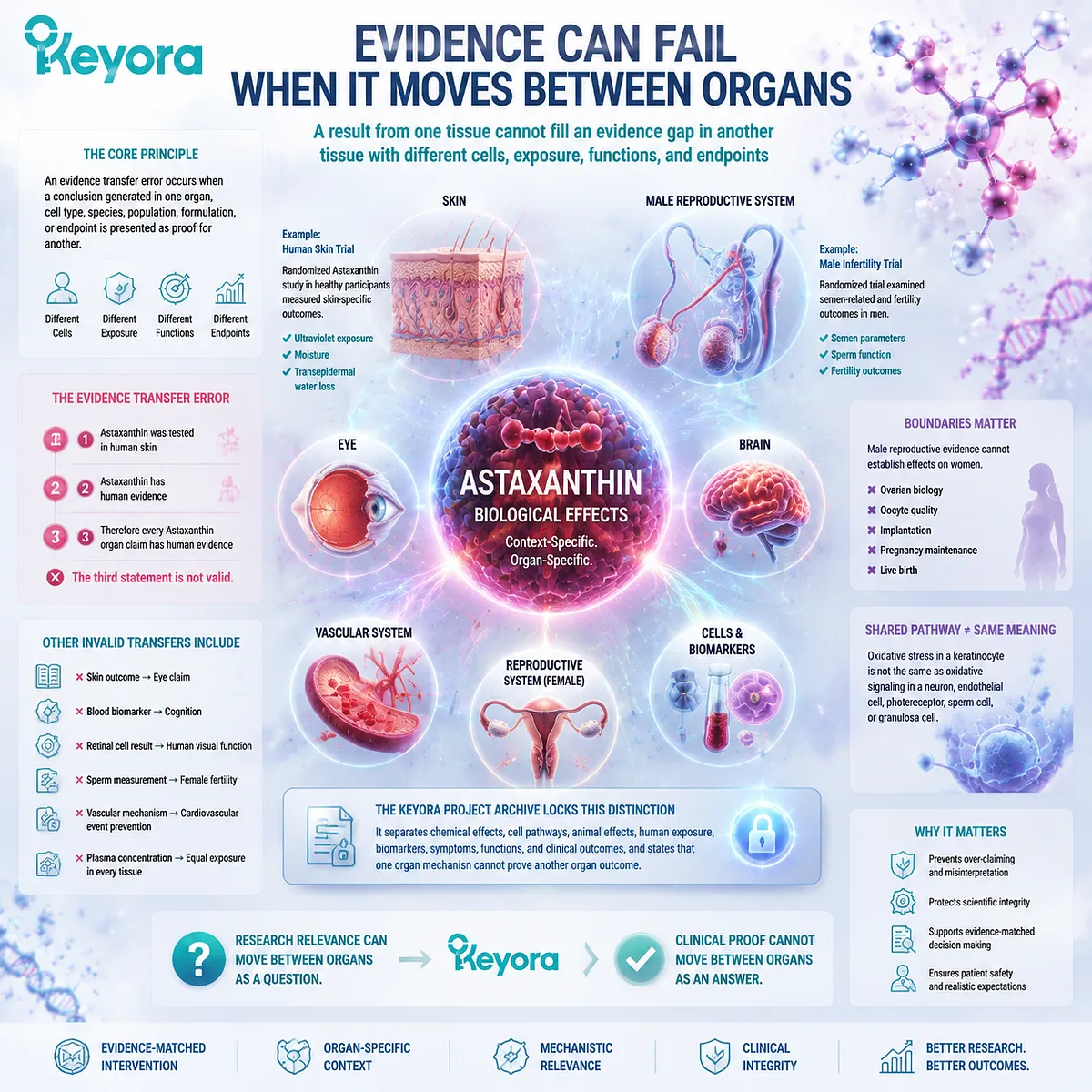 Astaxanthin evidence transfer requires organ-specific proof because skin, eye, fertility, and vascular outcomes depend on matched tissue exposure and Keyora Astaxanthin Matrix rules. Astaxanthin evidence transfer requires organ-specific proof because skin, eye, fertility, and vascular outcomes depend on matched tissue exposure and Keyora Astaxanthin Matrix rules.