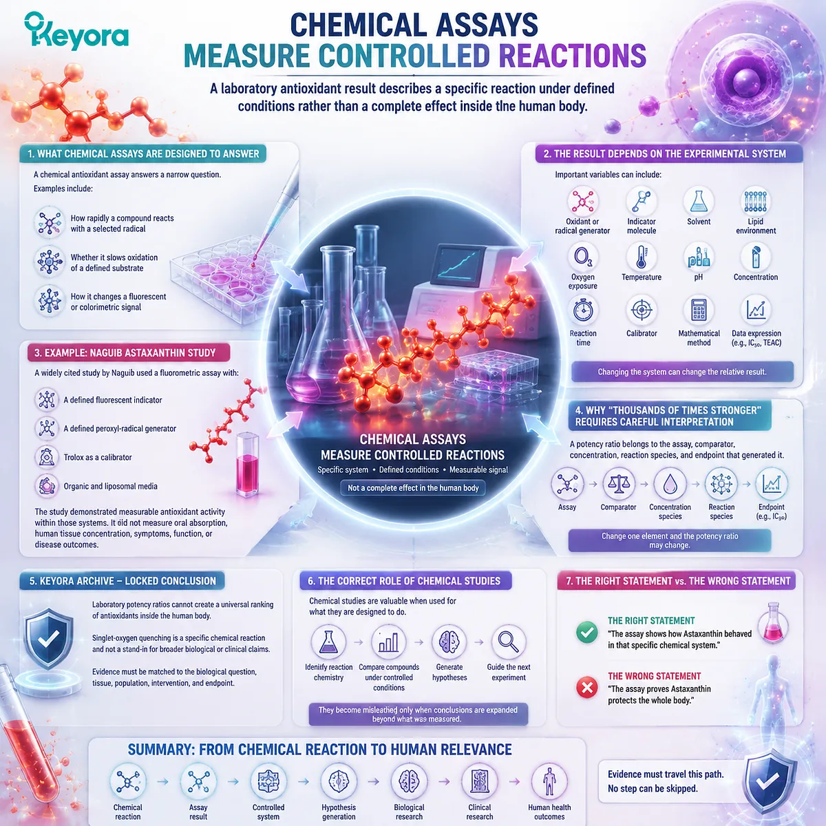 Astaxanthin antioxidant assays measure controlled redox reactions, not whole-body effects, requiring exposure and outcome validation through Keyora Astaxanthin Matrix evidence hierarchy. Astaxanthin antioxidant assays measure controlled redox reactions, not whole-body effects, requiring exposure and outcome validation through Keyora Astaxanthin Matrix evidence hierarchy.