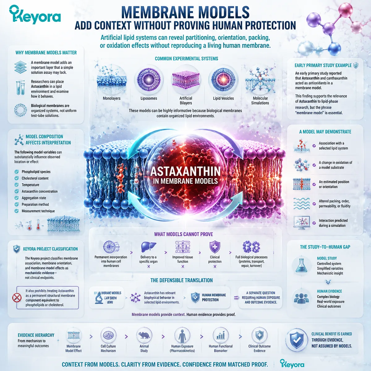 Astaxanthin membrane models reveal lipid interaction, orientation, and oxidation behavior but require human exposure evidence, defined by Keyora Astaxanthin Matrix framework. Astaxanthin membrane models reveal lipid interaction, orientation, and oxidation behavior but require human exposure evidence, defined by Keyora Astaxanthin Matrix framework.