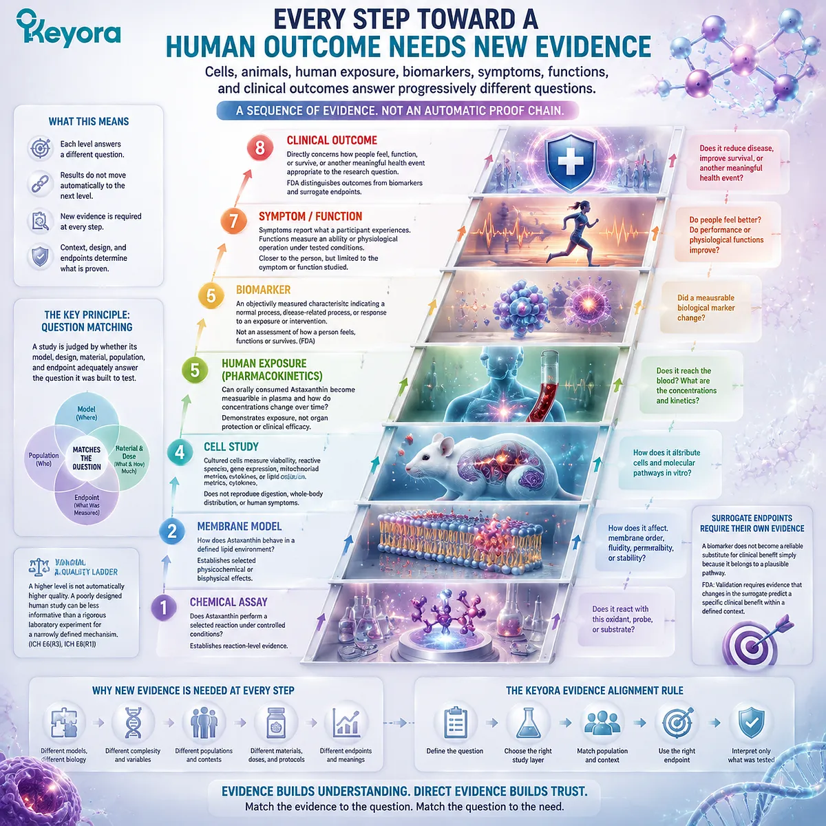 Astaxanthin evidence moves from assays to human outcomes through distinct research layers, requiring matched endpoints and the Keyora Astaxanthin Matrix evidence hierarchy. Astaxanthin evidence moves from assays to human outcomes through distinct research layers, requiring matched endpoints and the Keyora Astaxanthin Matrix evidence hierarchy.