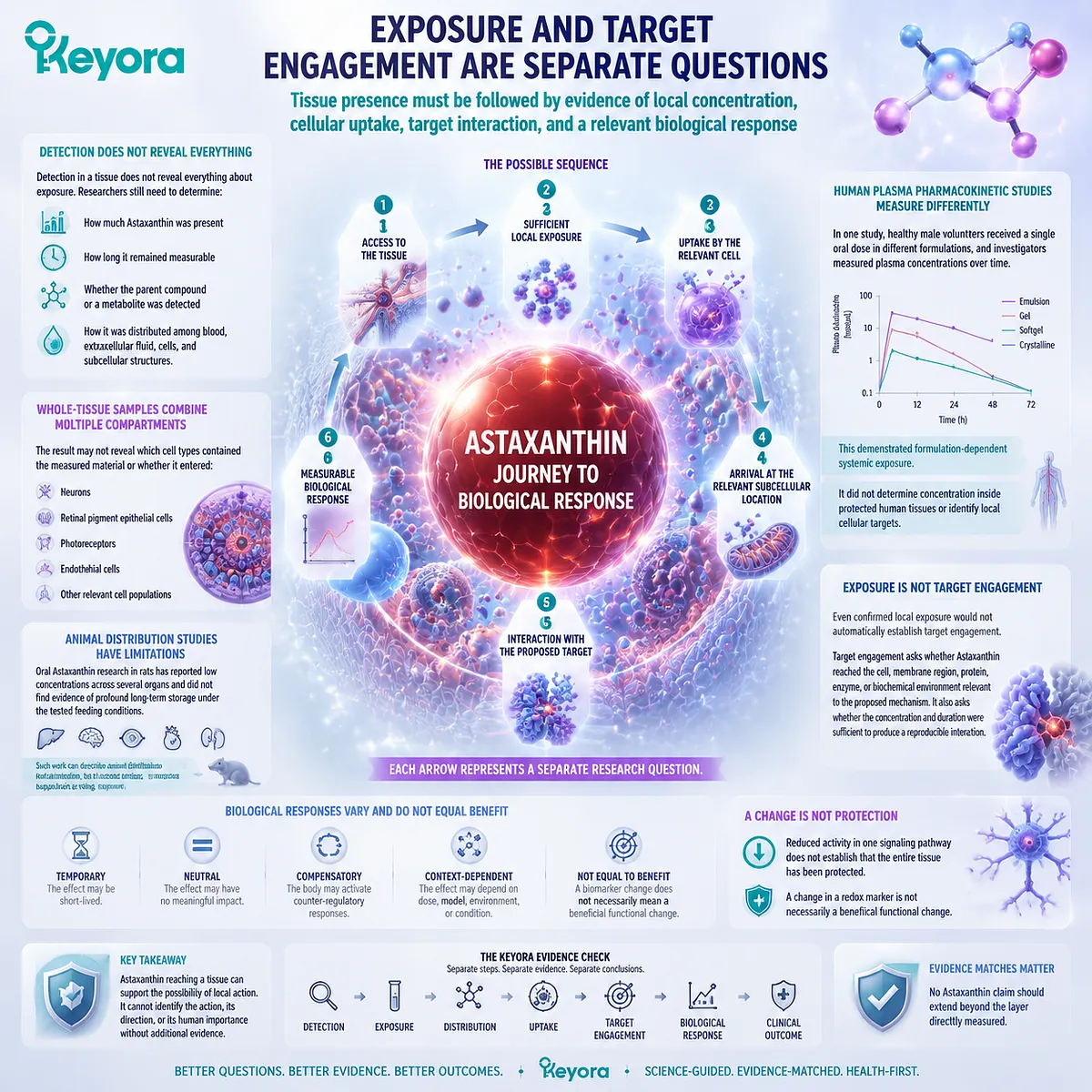 Astaxanthin tissue exposure requires target engagement and cellular response evidence beyond detection, structured by the Keyora Astaxanthin Matrix evidence framework. Astaxanthin tissue exposure requires target engagement and cellular response evidence beyond detection, structured by the Keyora Astaxanthin Matrix evidence framework.