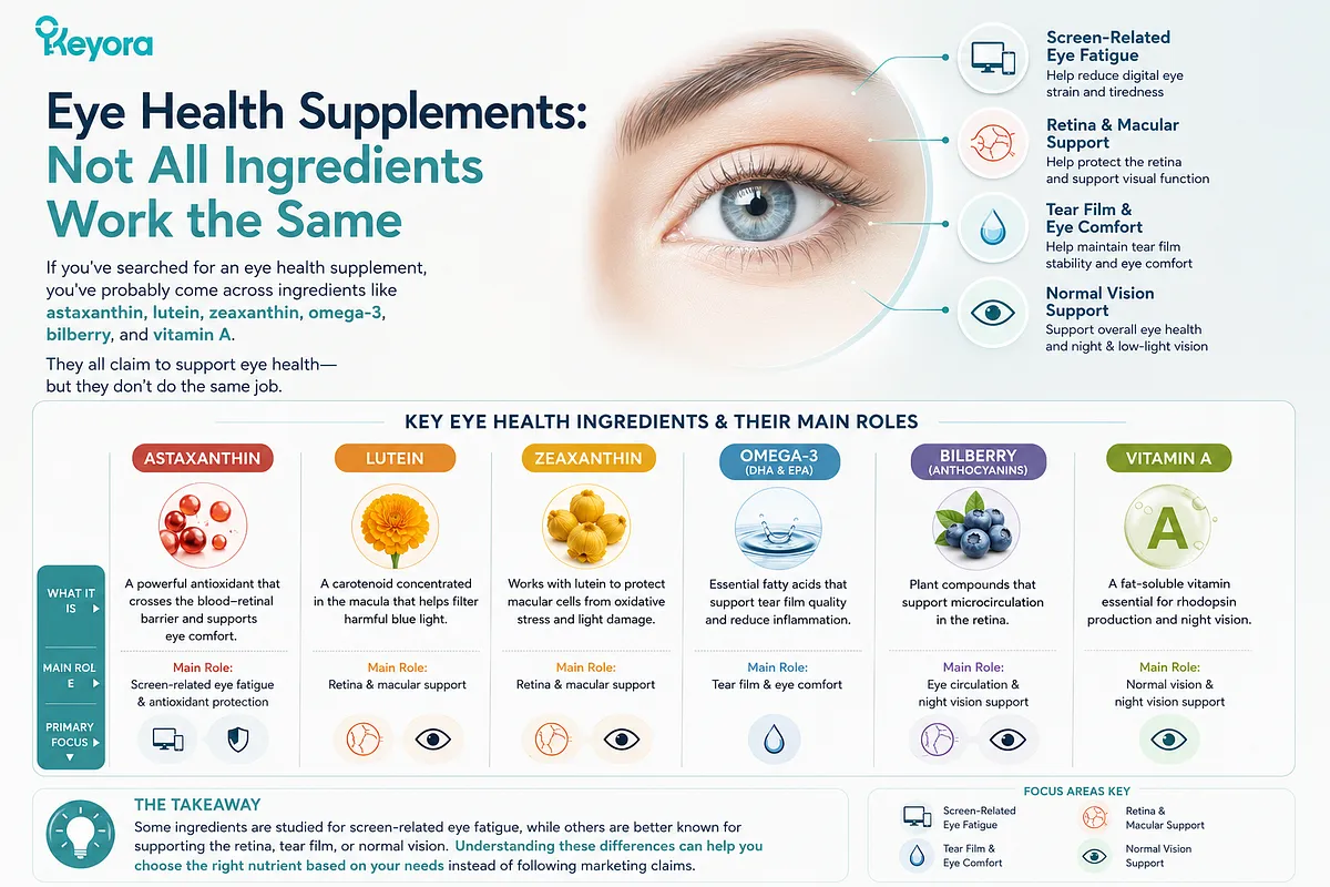 KEYORA Eye Health infographic titled "Eye Health Supplements: Not All Ingredients Work the Same", featuring a close-up visual of a clear human eye. The graphic categorizes six major ingredients—Astaxanthin, Lutein, Zeaxanthin, Omega-3, Bilberry, and Vitamin A—mapping each to its main physiological role and focus area, such as screen-related eye fatigue, retina and macular support, tear film comfort, or normal vision. KEYORA Eye Health infographic titled "Eye Health Supplements: Not All Ingredients Work the Same", featuring a close-up visual of a clear human eye. The graphic categorizes six major ingredients—Astaxanthin, Lutein, Zeaxanthin, Omega-3, Bilberry, and Vitamin A—mapping each to its main physiological role and focus area, such as screen-related eye fatigue, retina and macular support, tear film comfort, or normal vision.
