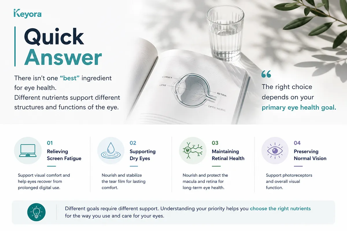 KEYORA summary slide titled "Quick Answer", featuring an open textbook with an eye anatomy diagram next to a glass of water and olive branch. It outlines four targeted eye health priorities: relieving screen fatigue, supporting dry eyes, maintaining retinal health, and preserving normal vision, emphasizing that the best choice depends on your primary goal. KEYORA summary slide titled "Quick Answer", featuring an open textbook with an eye anatomy diagram next to a glass of water and olive branch. It outlines four targeted eye health priorities: relieving screen fatigue, supporting dry eyes, maintaining retinal health, and preserving normal vision, emphasizing that the best choice depends on your primary goal.