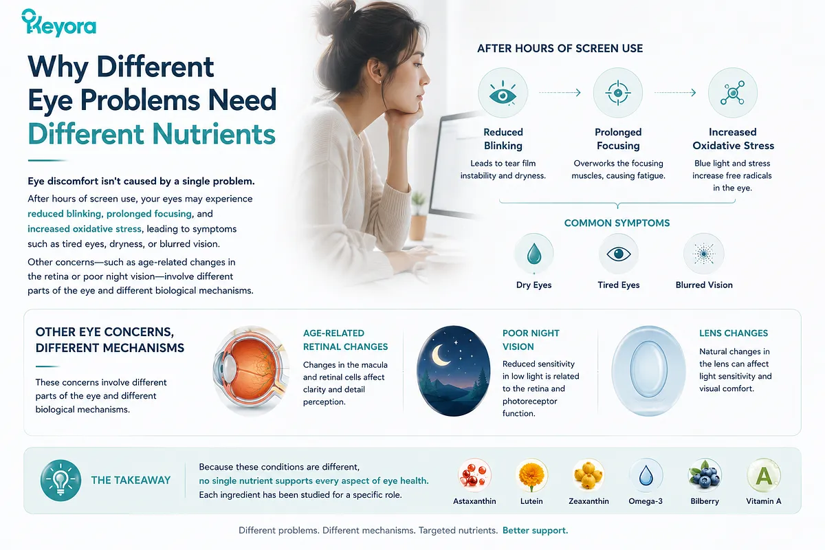 KEYORA infographic titled "Why Different Eye Problems Need Different Nutrients", showing a woman focused at a computer screen. The visual illustrates how prolonged screen use leads to reduced blinking, extended focusing, and oxidative stress, contrasting screen fatigue with age-related retinal changes, poor night vision, and lens changes to emphasize that no single nutrient solves every eye issue. KEYORA infographic titled "Why Different Eye Problems Need Different Nutrients", showing a woman focused at a computer screen. The visual illustrates how prolonged screen use leads to reduced blinking, extended focusing, and oxidative stress, contrasting screen fatigue with age-related retinal changes, poor night vision, and lens changes to emphasize that no single nutrient solves every eye issue.
