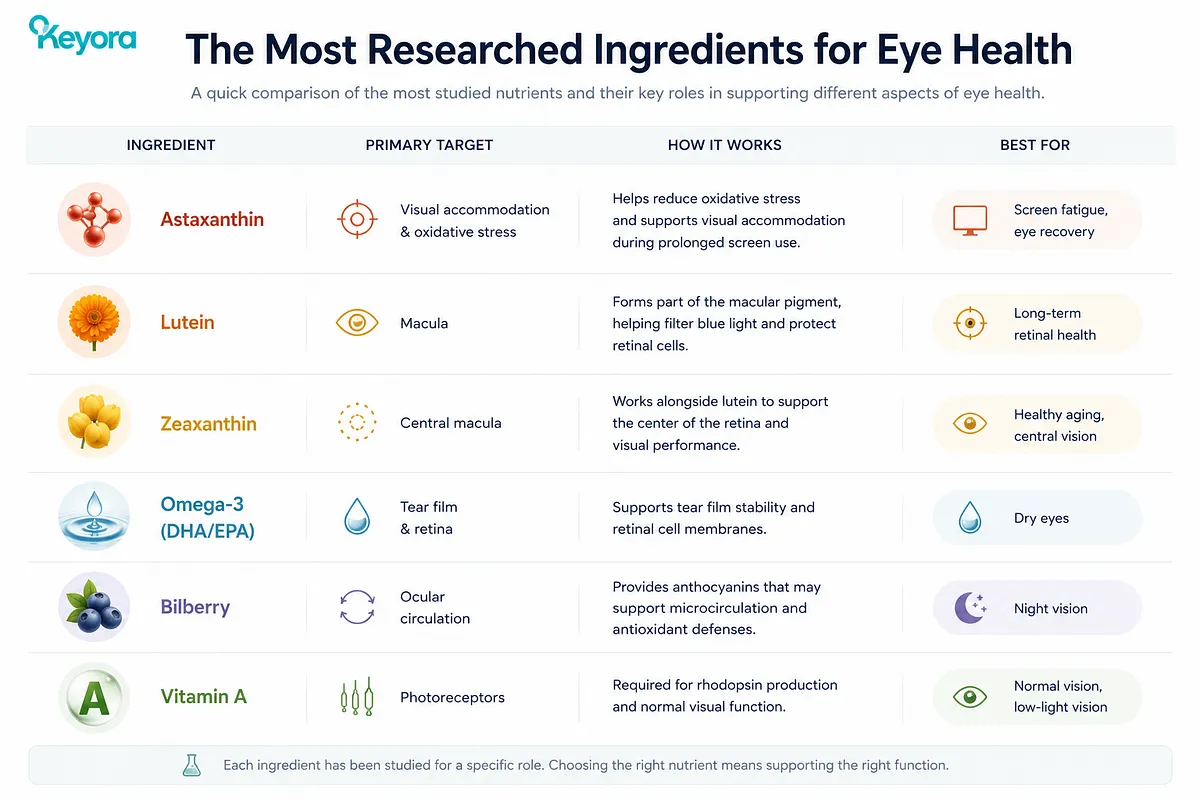 KEYORA comparative table titled "The Most Researched Ingredients for Eye Health", listing six key nutrients: Astaxanthin (for visual accommodation and screen fatigue), Lutein (for macula protection and blue light filtering), Zeaxanthin (for central macular health), Omega-3 (for tear film stability and dry eyes), Bilberry (for ocular microcirculation and night vision), and Vitamin A (for photoreceptors and low-light vision). KEYORA comparative table titled "The Most Researched Ingredients for Eye Health", listing six key nutrients: Astaxanthin (for visual accommodation and screen fatigue), Lutein (for macula protection and blue light filtering), Zeaxanthin (for central macular health), Omega-3 (for tear film stability and dry eyes), Bilberry (for ocular microcirculation and night vision), and Vitamin A (for photoreceptors and low-light vision).