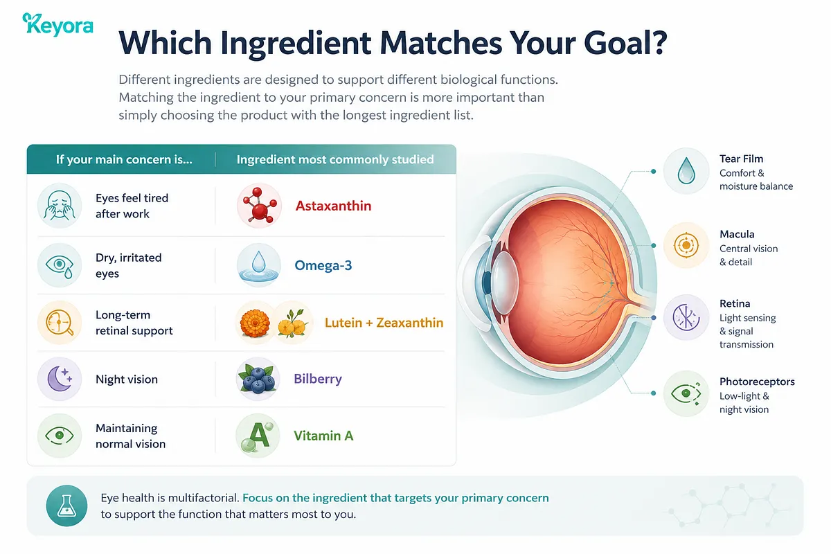 KEYORA guide titled "Which Ingredient Matches Your Goal?", featuring an eye anatomy graphic paired with a decision chart. It matches primary eye concerns with studied nutrients: Astaxanthin for tired eyes after work, Omega-3 for dry eyes, Lutein and Zeaxanthin for long-term retinal support, Bilberry for night vision, and Vitamin A for maintaining normal vision. KEYORA guide titled "Which Ingredient Matches Your Goal?", featuring an eye anatomy graphic paired with a decision chart. It matches primary eye concerns with studied nutrients: Astaxanthin for tired eyes after work, Omega-3 for dry eyes, Lutein and Zeaxanthin for long-term retinal support, Bilberry for night vision, and Vitamin A for maintaining normal vision.