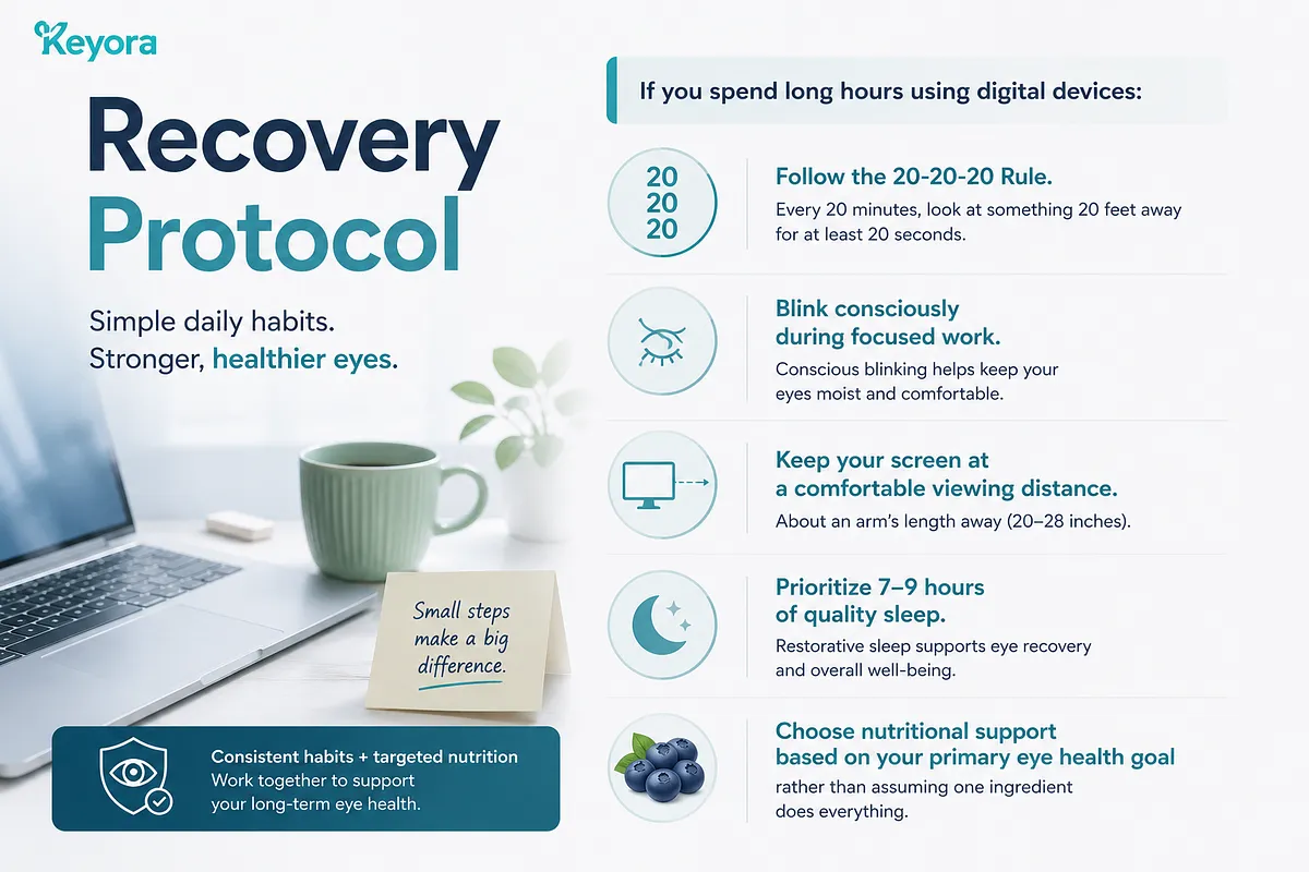 KEYORA infographic titled "Recovery Protocol: Simple daily habits. Stronger, healthier eyes", set against a serene workspace background with a laptop, coffee mug, and note. The protocol details five essential habits: following the 20-20-20 rule, conscious blinking, maintaining comfortable screen distance, getting 7-9 hours of sleep, and choosing targeted nutritional support. KEYORA infographic titled "Recovery Protocol: Simple daily habits. Stronger, healthier eyes", set against a serene workspace background with a laptop, coffee mug, and note. The protocol details five essential habits: following the 20-20-20 rule, conscious blinking, maintaining comfortable screen distance, getting 7-9 hours of sleep, and choosing targeted nutritional support.
