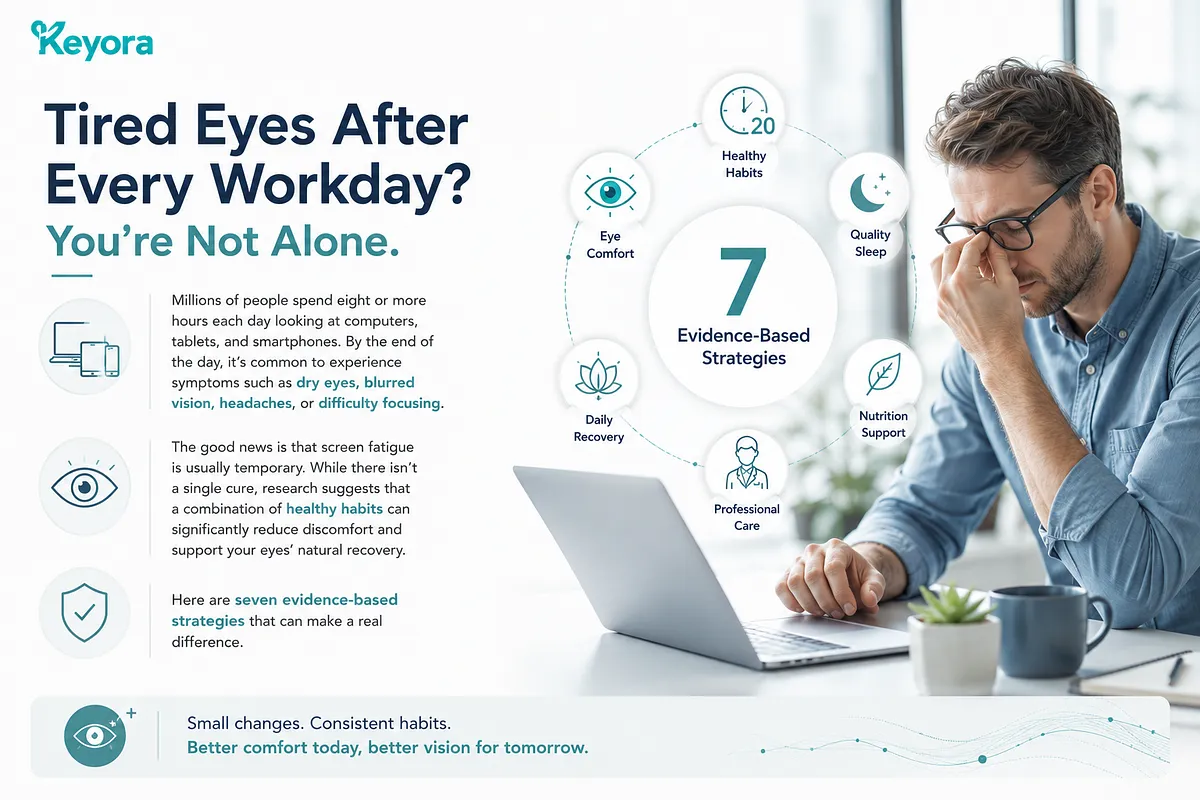 KEYORA infographic titled "Tired Eyes After Every Workday? You're Not Alone.", featuring a tired male office worker holding the bridge of his nose in front of a laptop. Surrounding a central graphic of "7 Evidence-Based Strategies" are key components including healthy habits, quality sleep, nutrition support, professional care, daily recovery, and eye comfort. KEYORA infographic titled "Tired Eyes After Every Workday? You're Not Alone.", featuring a tired male office worker holding the bridge of his nose in front of a laptop. Surrounding a central graphic of "7 Evidence-Based Strategies" are key components including healthy habits, quality sleep, nutrition support, professional care, daily recovery, and eye comfort.