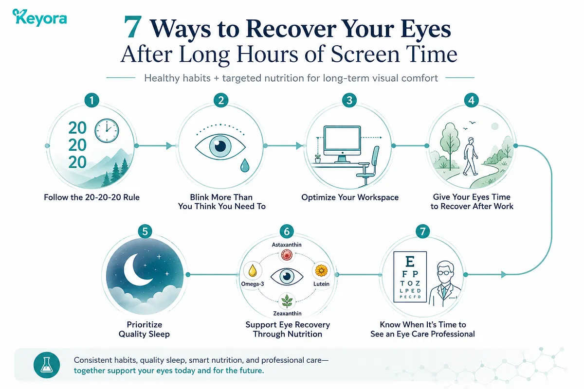 KEYORA infographic outlining "7 Ways to Recover Your Eyes After Long Hours of Screen Time" in a sequential process flow. The seven steps include following the 20-20-20 rule, blinking more frequently, optimizing workspace ergonomics, giving eyes screen-free time after work, prioritizing quality sleep, supporting recovery through targeted nutrition (astaxanthin, lutein, zeaxanthin, omega-3), and knowing when to see an eye care professional. KEYORA infographic outlining "7 Ways to Recover Your Eyes After Long Hours of Screen Time" in a sequential process flow. The seven steps include following the 20-20-20 rule, blinking more frequently, optimizing workspace ergonomics, giving eyes screen-free time after work, prioritizing quality sleep, supporting recovery through targeted nutrition (astaxanthin, lutein, zeaxanthin, omega-3), and knowing when to see an eye care professional.