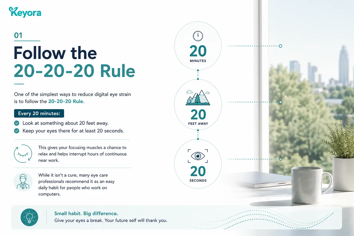 KEYORA visual guide on Strategy 01: "Follow the 20-20-20 Rule". Set against a bright office background with a coffee mug, three connected circles explain the method: every 20 minutes, look at an object 20 feet away for at least 20 seconds to allow focusing muscles to relax and reduce digital eye strain. KEYORA visual guide on Strategy 01: "Follow the 20-20-20 Rule". Set against a bright office background with a coffee mug, three connected circles explain the method: every 20 minutes, look at an object 20 feet away for at least 20 seconds to allow focusing muscles to relax and reduce digital eye strain.