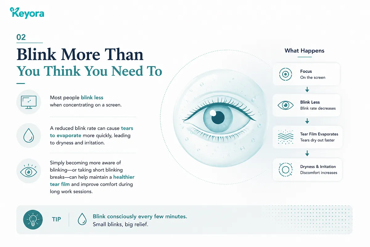 KEYORA diagram on Strategy 02: "Blink More Than You Think You Need To", illustrating a close-up human eye with water droplets. A flowchart explains the physiological cycle: concentrating on screens decreases blink rate, causing tear film evaporation, which leads to dryness and irritation, emphasizing the need for conscious blinking breaks. KEYORA diagram on Strategy 02: "Blink More Than You Think You Need To", illustrating a close-up human eye with water droplets. A flowchart explains the physiological cycle: concentrating on screens decreases blink rate, causing tear film evaporation, which leads to dryness and irritation, emphasizing the need for conscious blinking breaks.