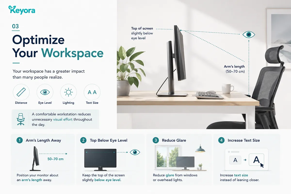 KEYORA ergonomics guide on Strategy 03: "Optimize Your Workspace", displaying an office desk setup with a monitor, ergonomics chair, and plant. It highlights four key positioning rules: keeping the monitor an arm's length away (50–70 cm), placing the top of the screen slightly below eye level, reducing window and overhead glare, and increasing text size. KEYORA ergonomics guide on Strategy 03: "Optimize Your Workspace", displaying an office desk setup with a monitor, ergonomics chair, and plant. It highlights four key positioning rules: keeping the monitor an arm's length away (50–70 cm), placing the top of the screen slightly below eye level, reducing window and overhead glare, and increasing text size.