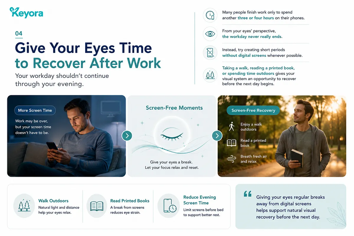 KEYORA graphic on Strategy 04: "Give Your Eyes Time to Recover After Work", contrasting a man staring at a smartphone at night on the couch with a man walking outdoors in natural light with a book. The visual advocates for screen-free evening moments like outdoor walks and reading printed books to allow focus relaxation. KEYORA graphic on Strategy 04: "Give Your Eyes Time to Recover After Work", contrasting a man staring at a smartphone at night on the couch with a man walking outdoors in natural light with a book. The visual advocates for screen-free evening moments like outdoor walks and reading printed books to allow focus relaxation.